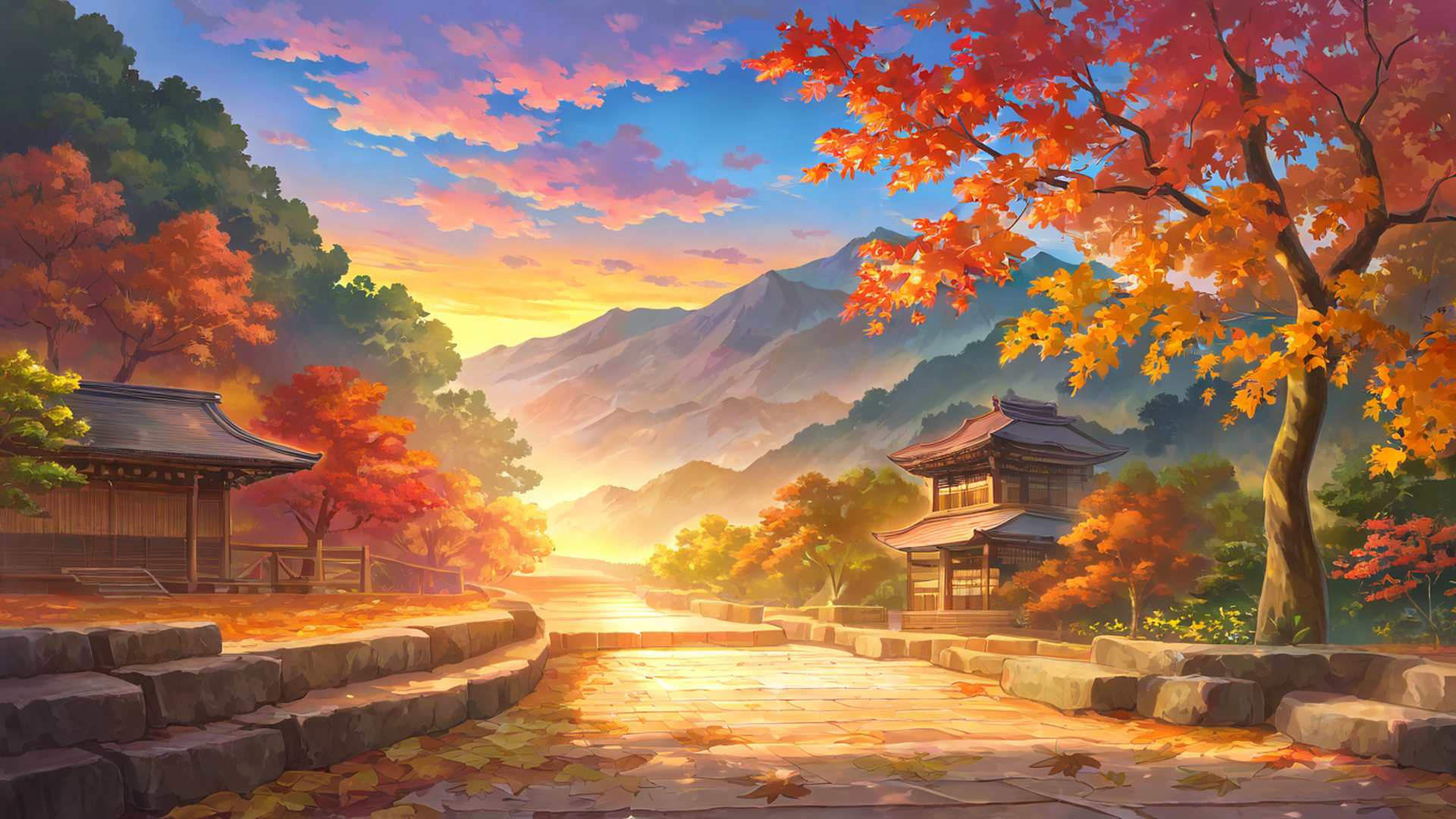 autumn maple village lofi wallpaper