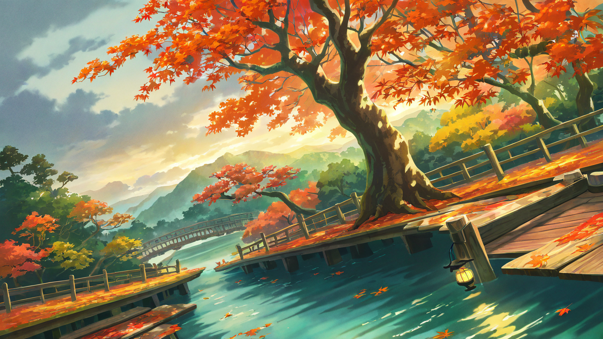 autumn maple village lofi wallpaper