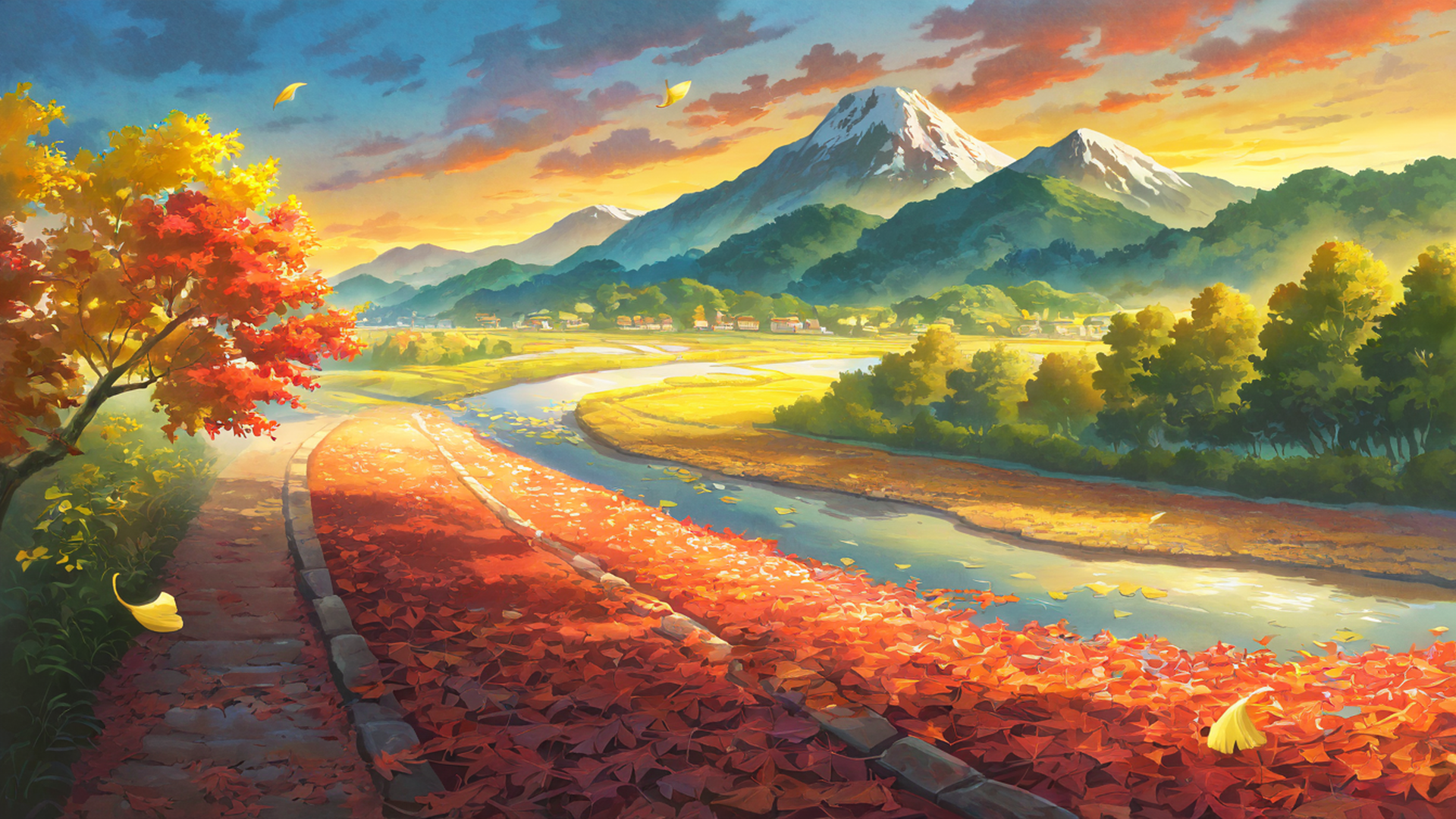 autumn maple village lofi wallpaper