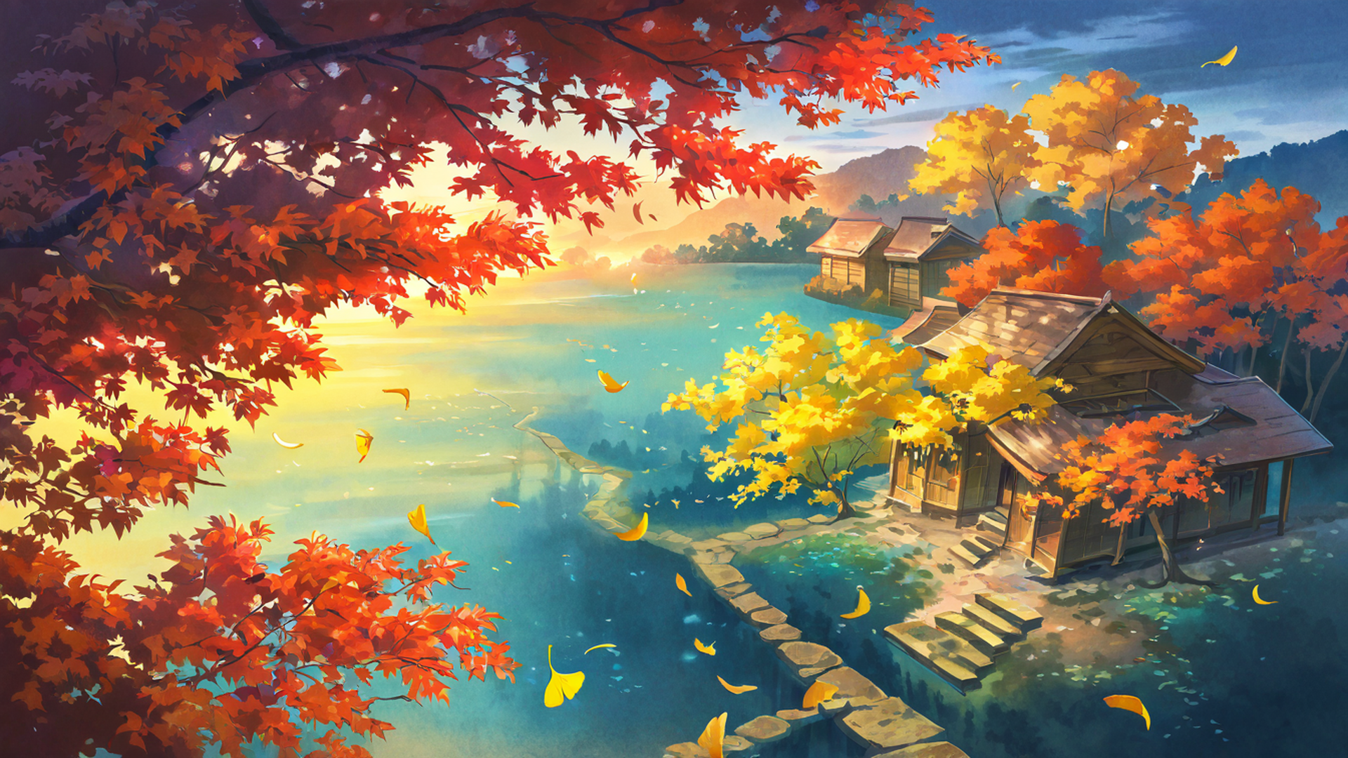 autumn maple village lofi wallpaper