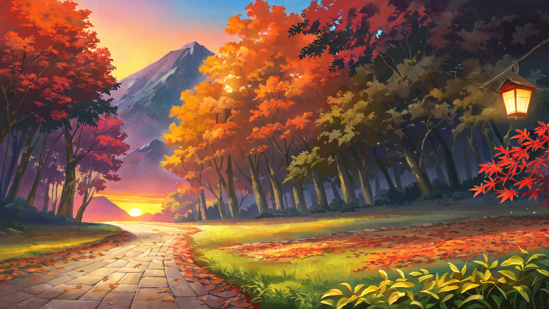 autumn maple village lofi wallpaper