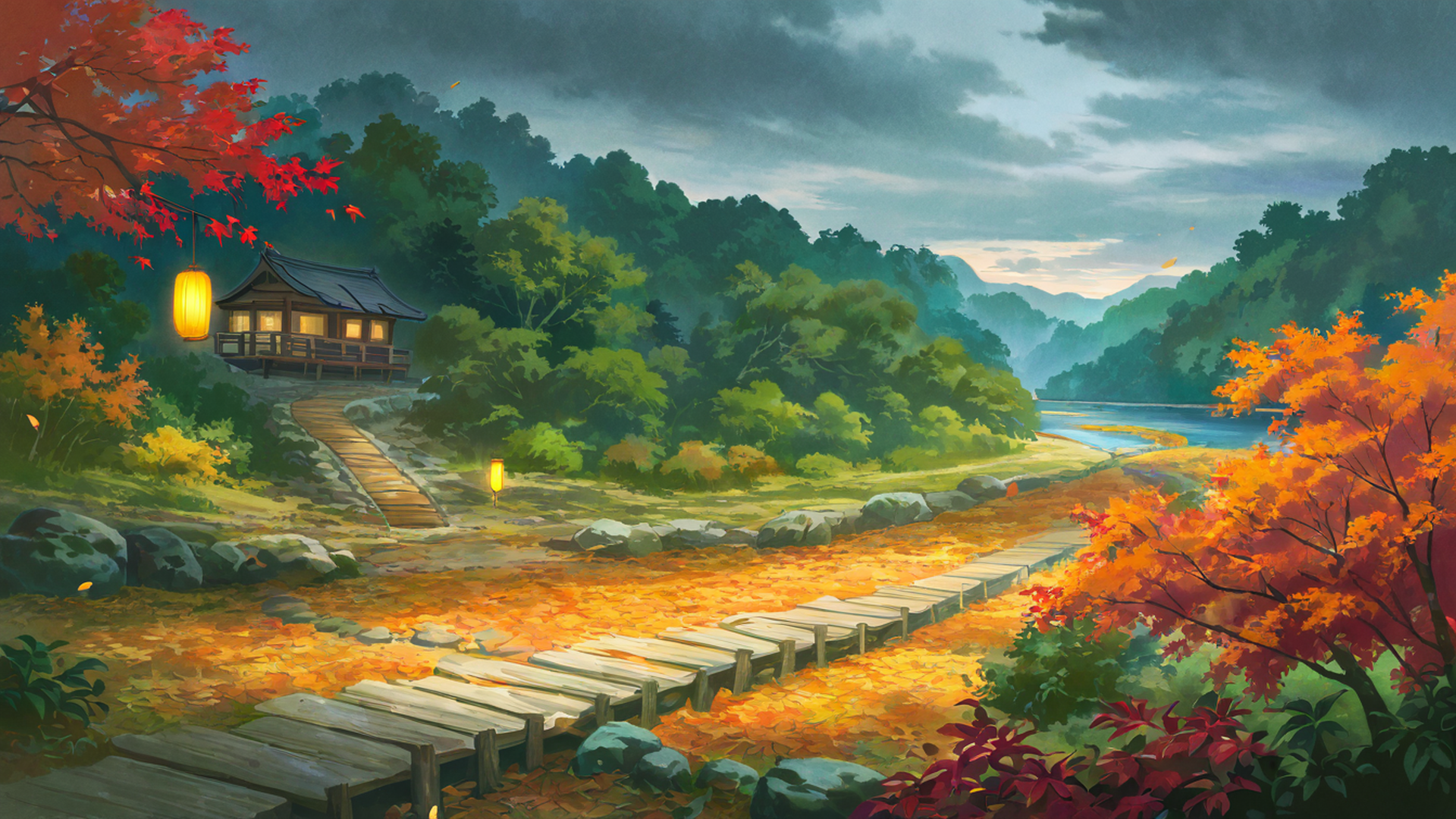 autumn maple village lofi wallpaper