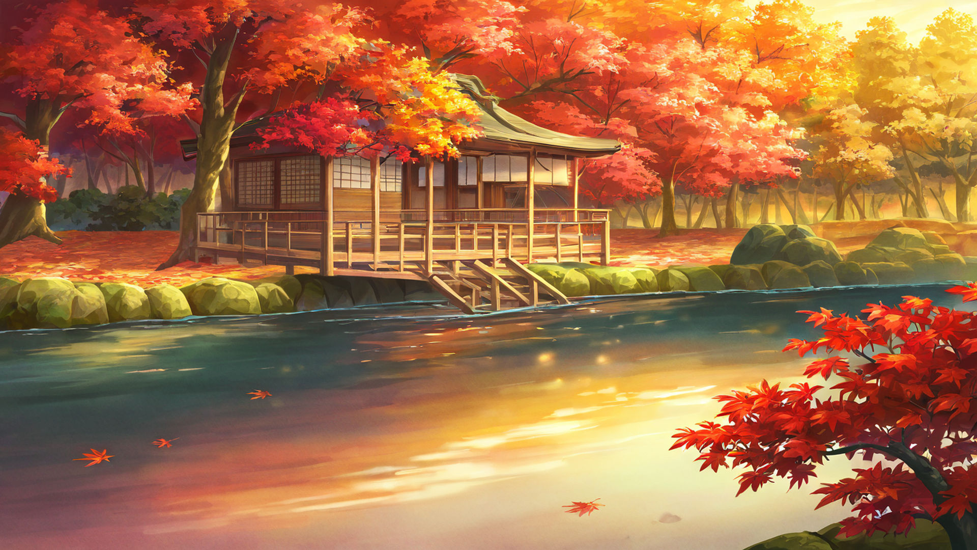 autumn maple village lofi wallpaper