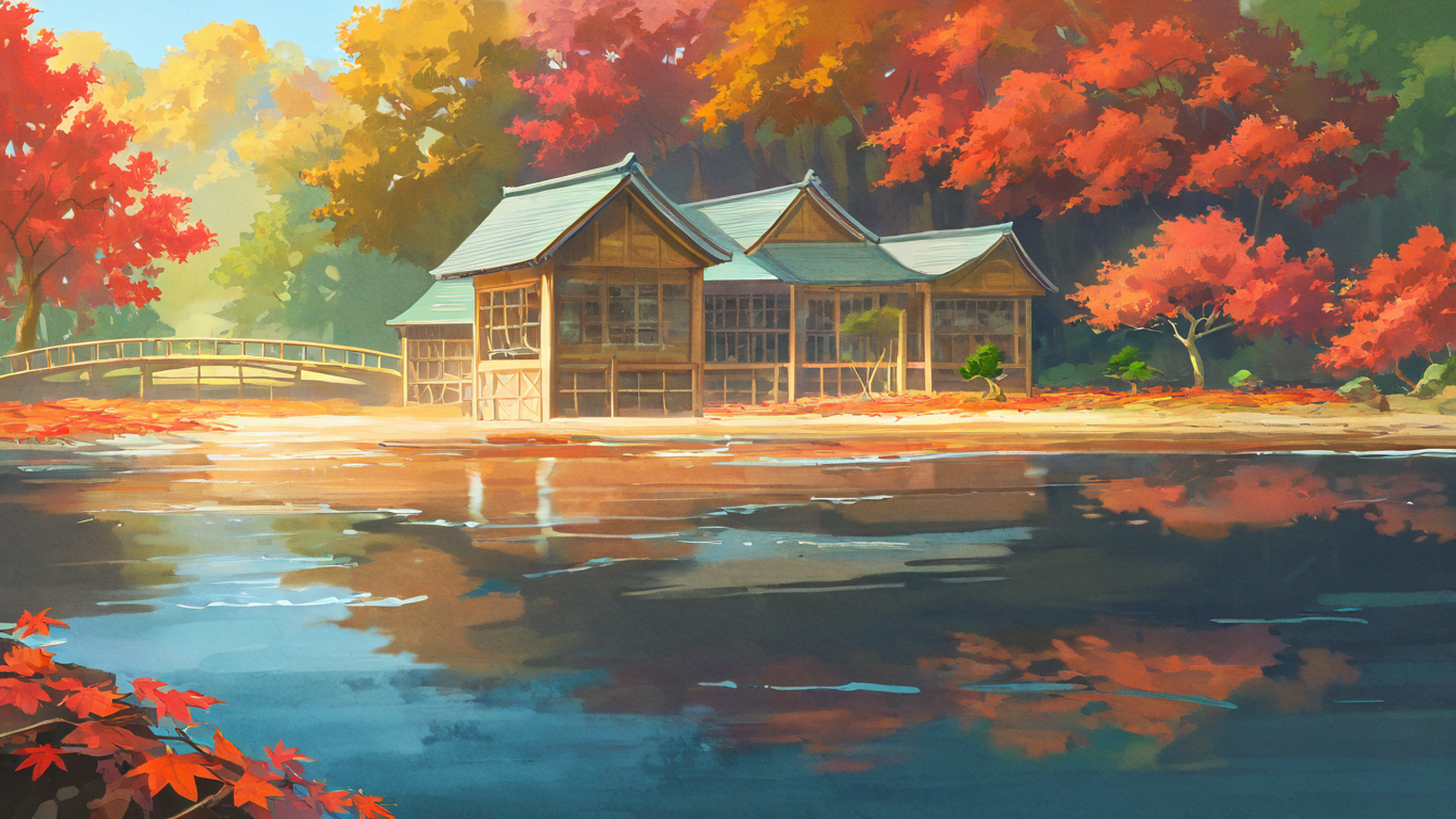 autumn maple village lofi wallpaper