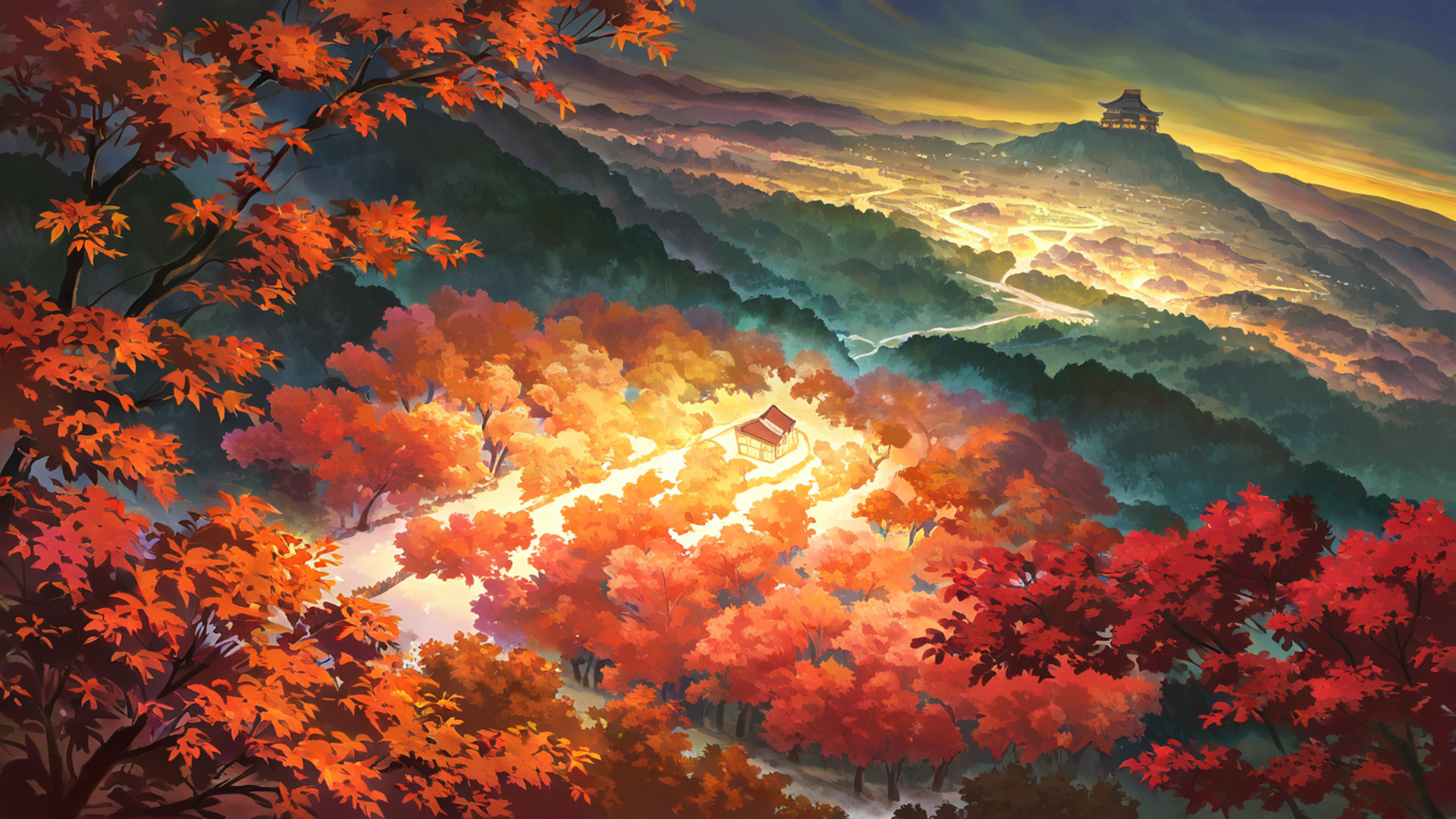autumn maple village lofi wallpaper