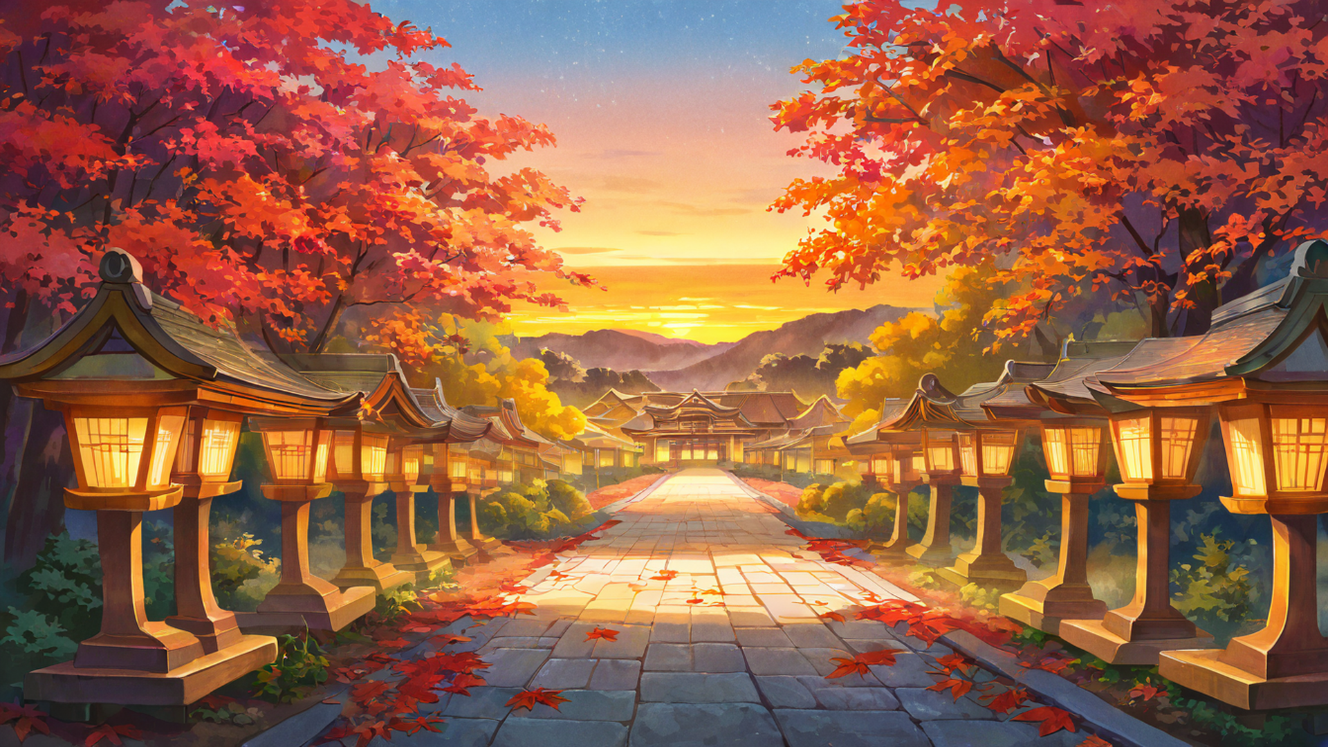 autumn maple village lofi wallpaper