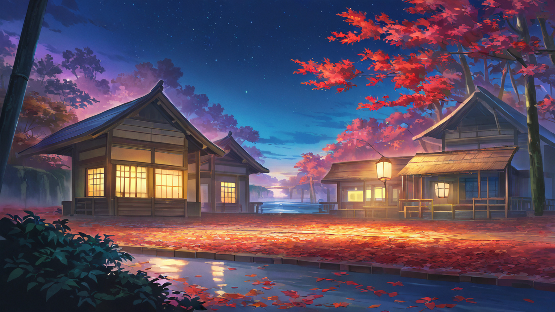 autumn maple village lofi wallpaper