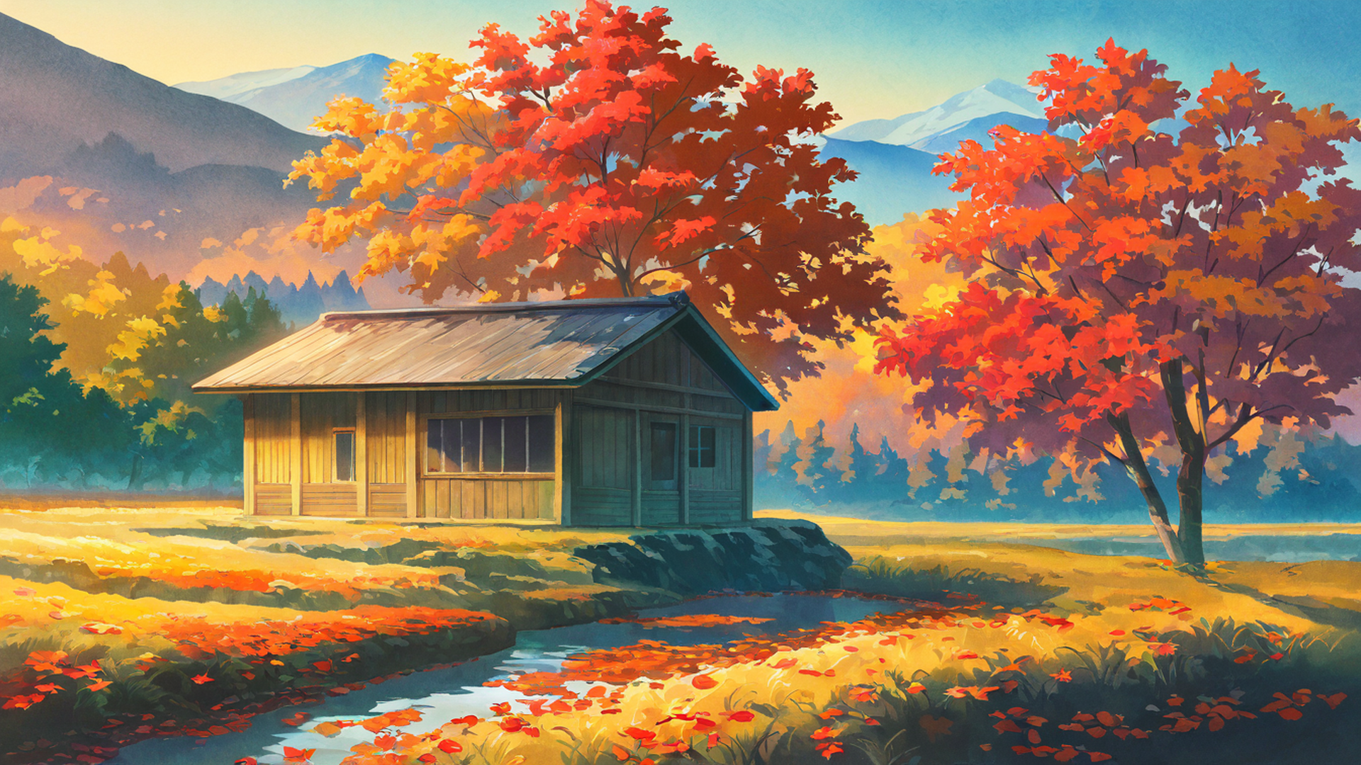 autumn maple village lofi wallpaper