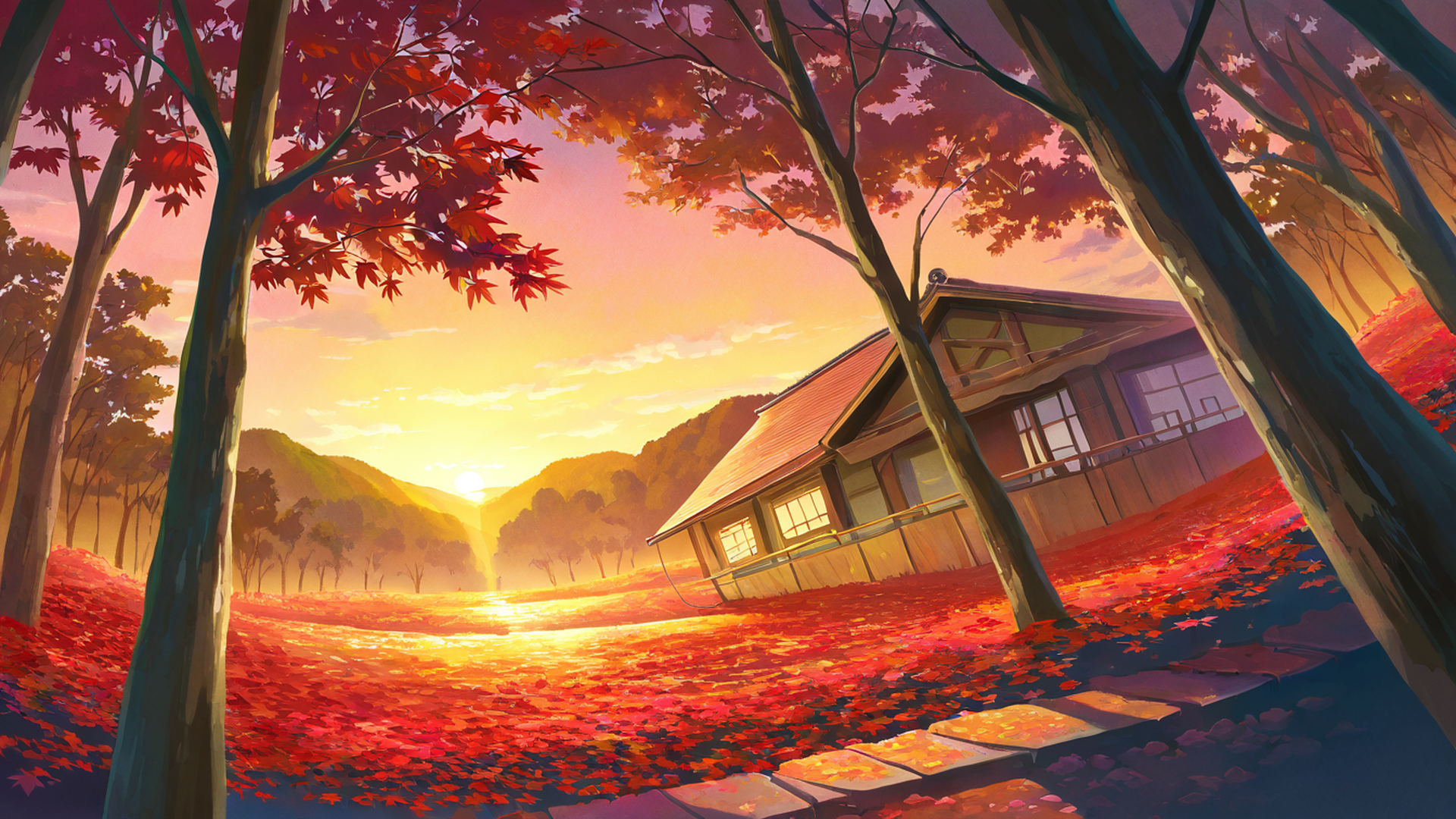 autumn maple village lofi wallpaper