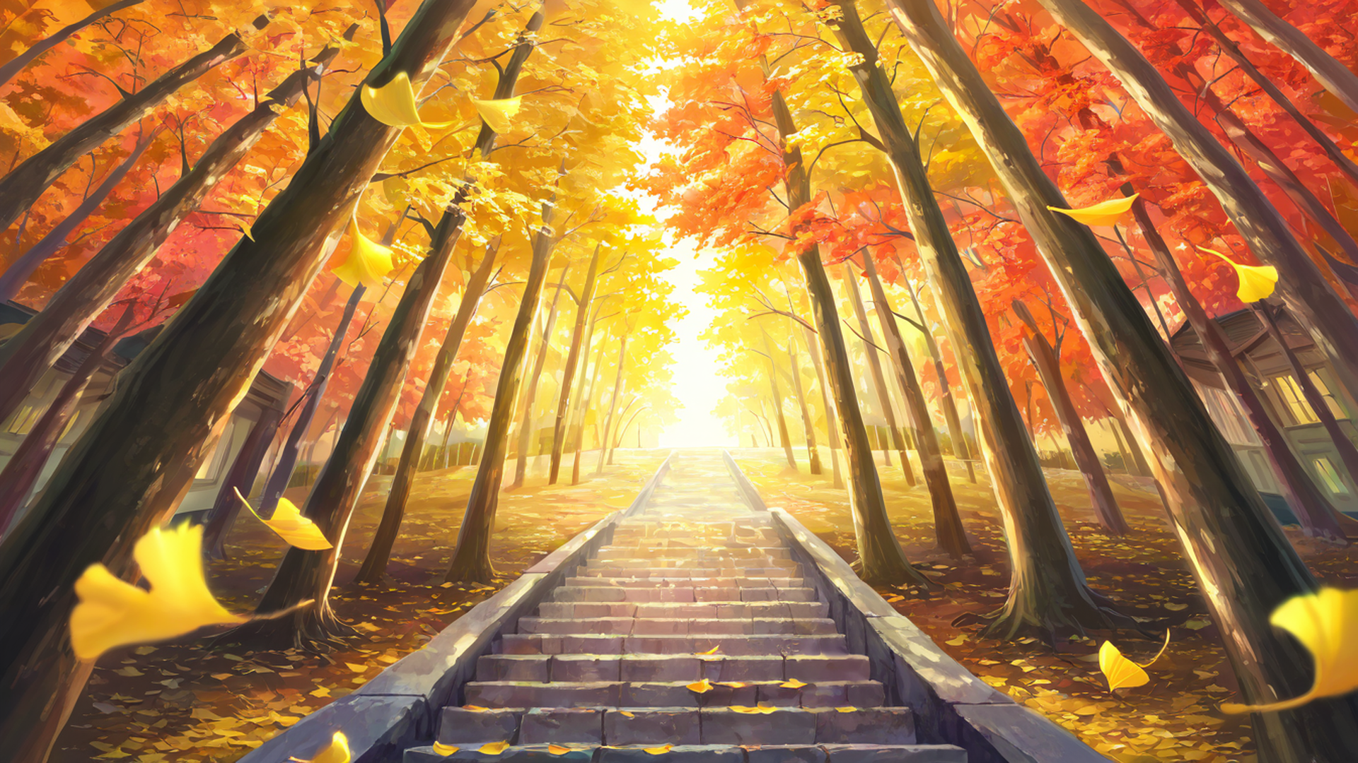 autumn maple village lofi wallpaper