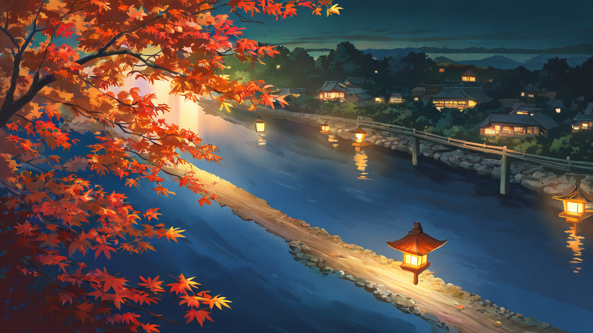 autumn maple village lofi wallpaper
