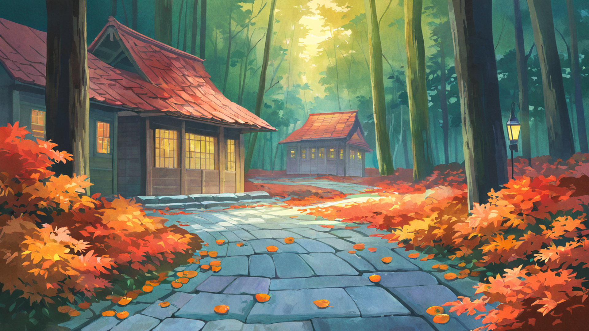 autumn maple village lofi wallpaper