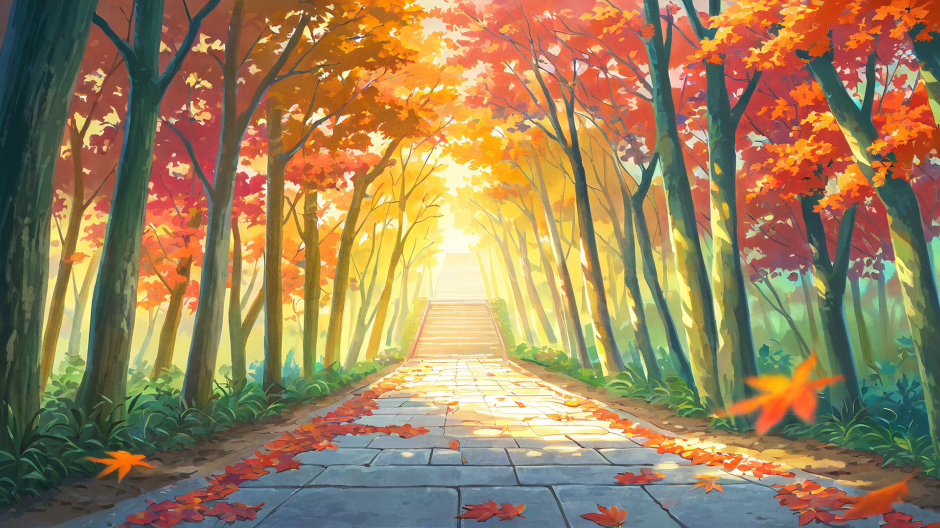 autumn maple village lofi wallpaper