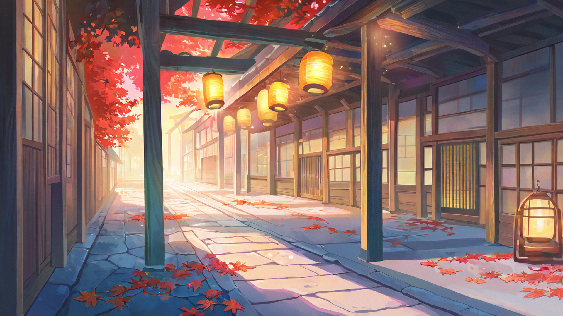 autumn maple village lofi wallpaper