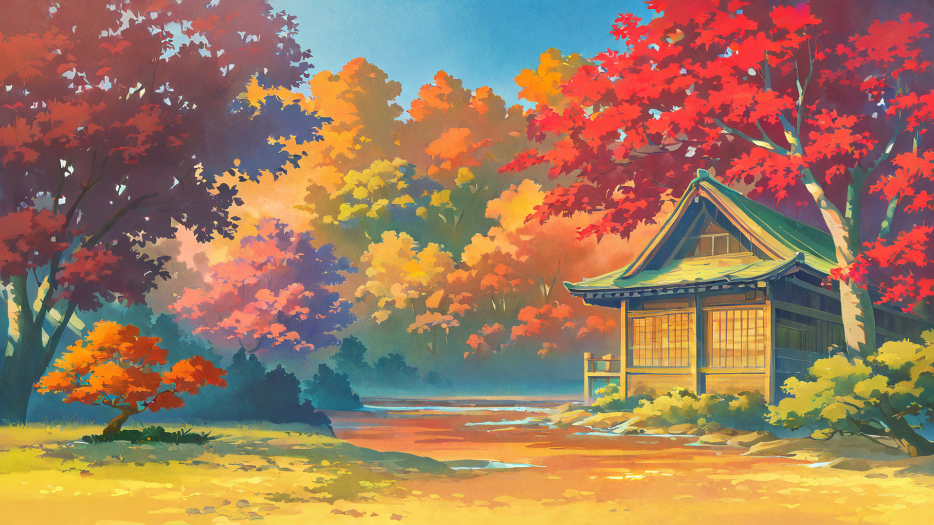 autumn maple village lofi wallpaper