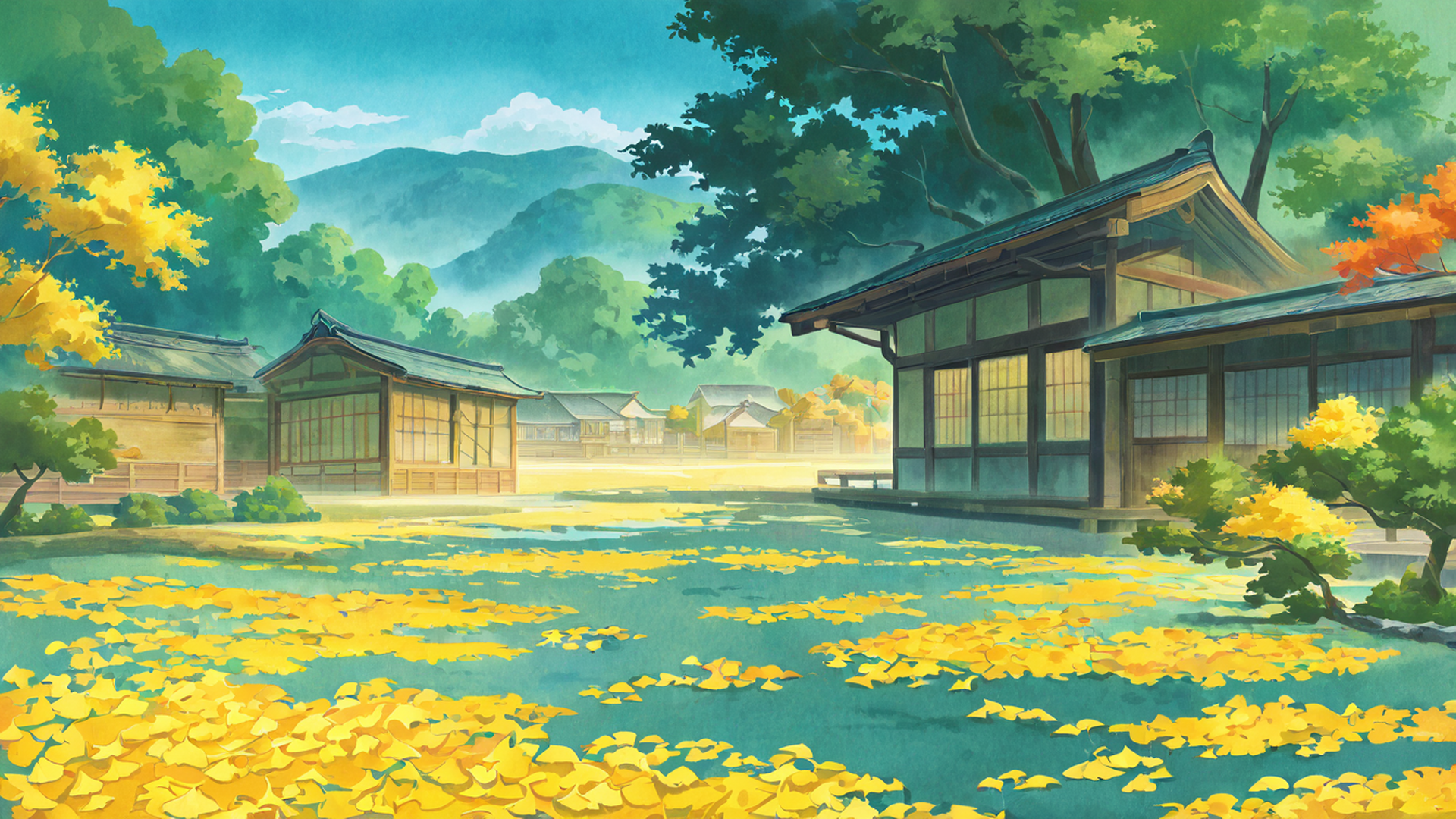 autumn maple village lofi wallpaper