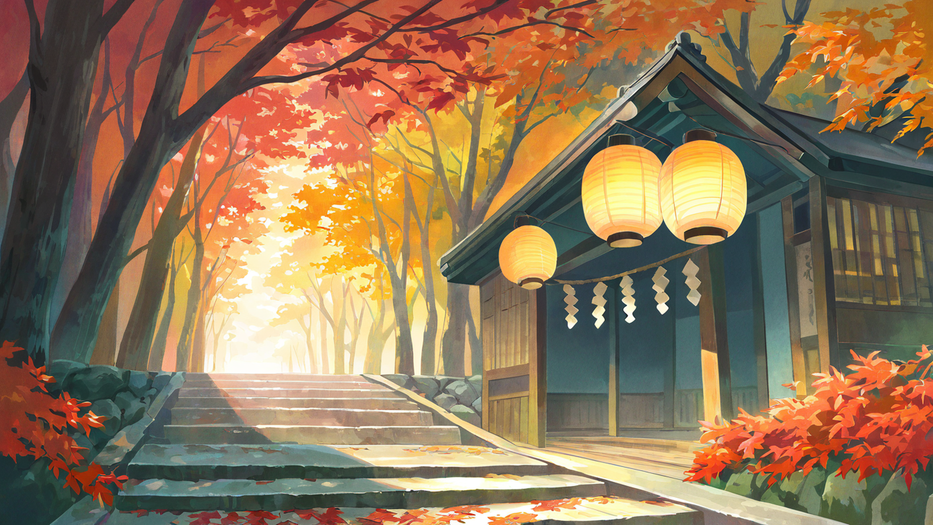autumn maple village lofi wallpaper