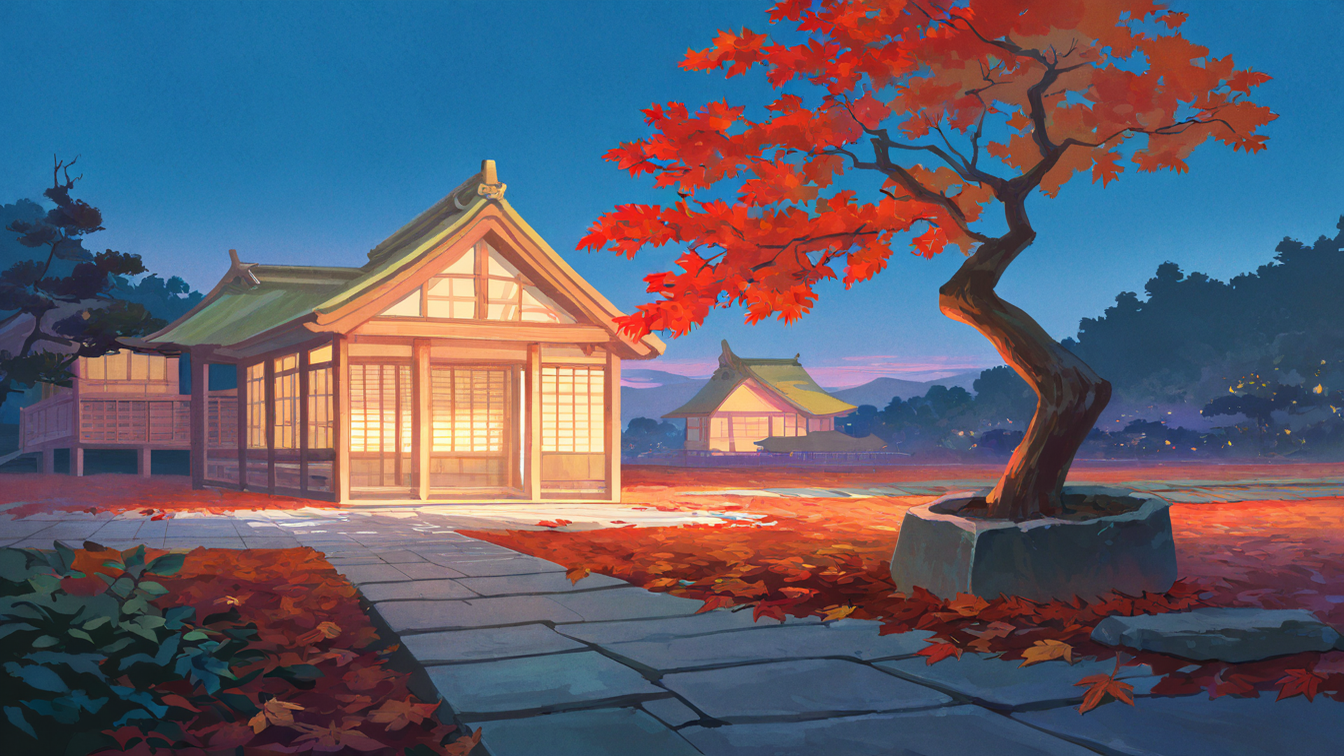 autumn maple village lofi wallpaper
