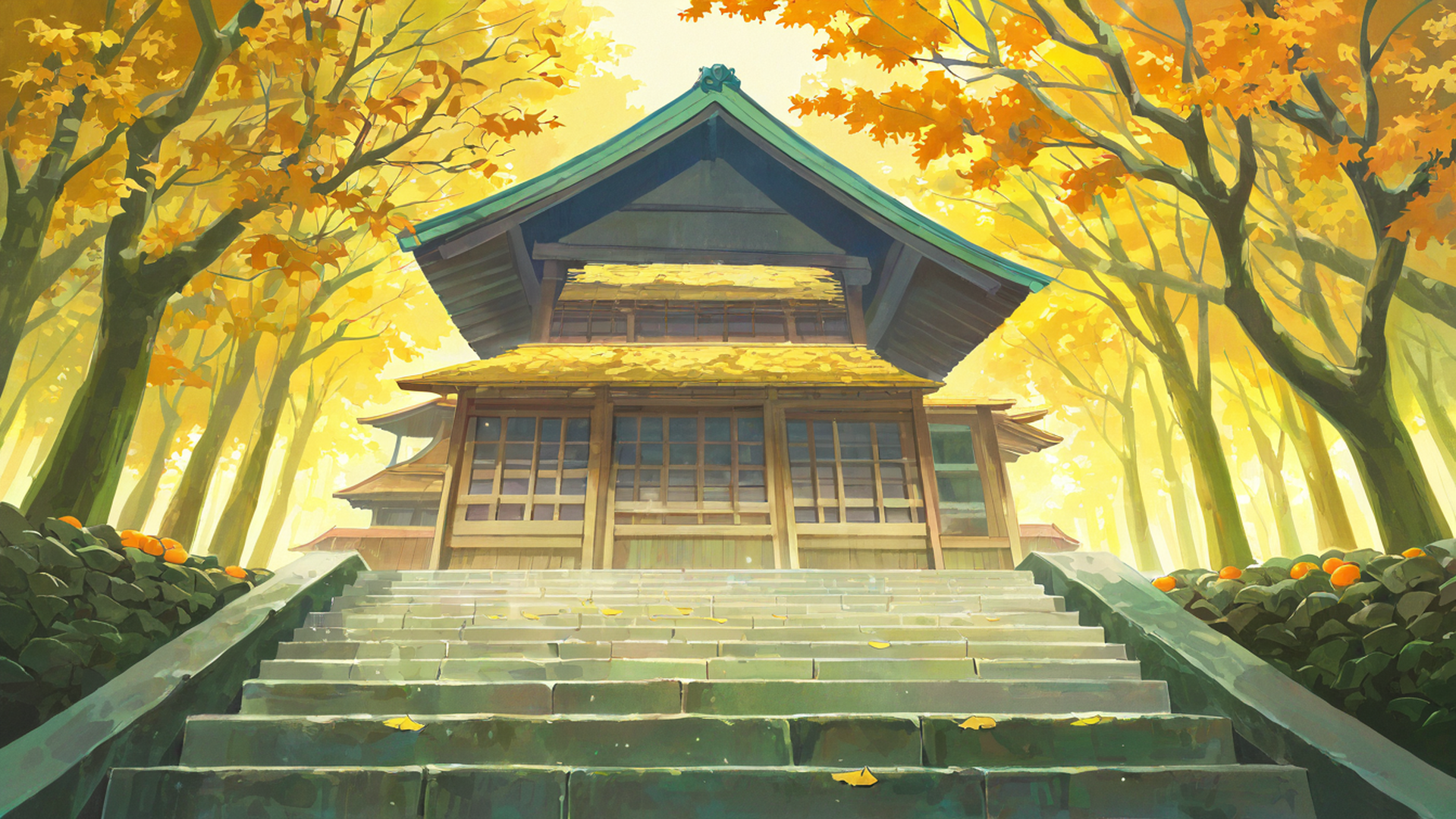 autumn maple village lofi wallpaper