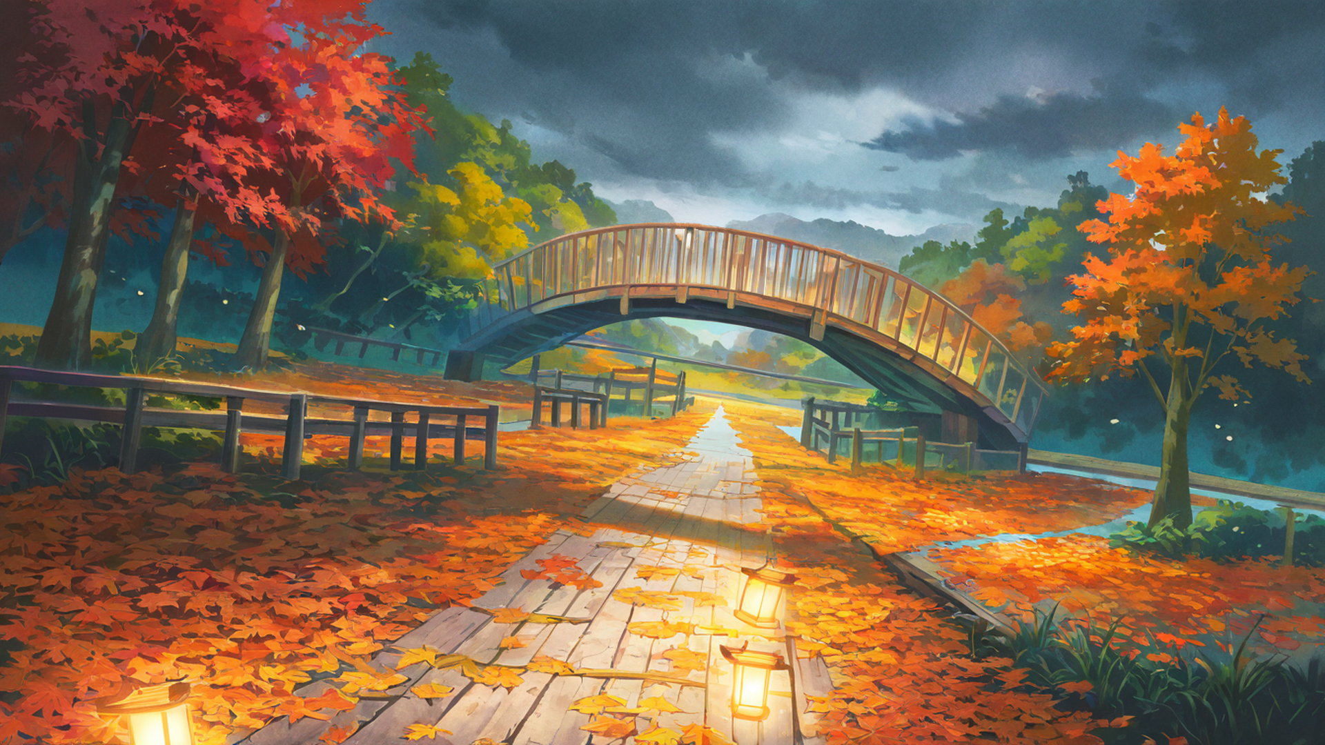 autumn maple village lofi wallpaper