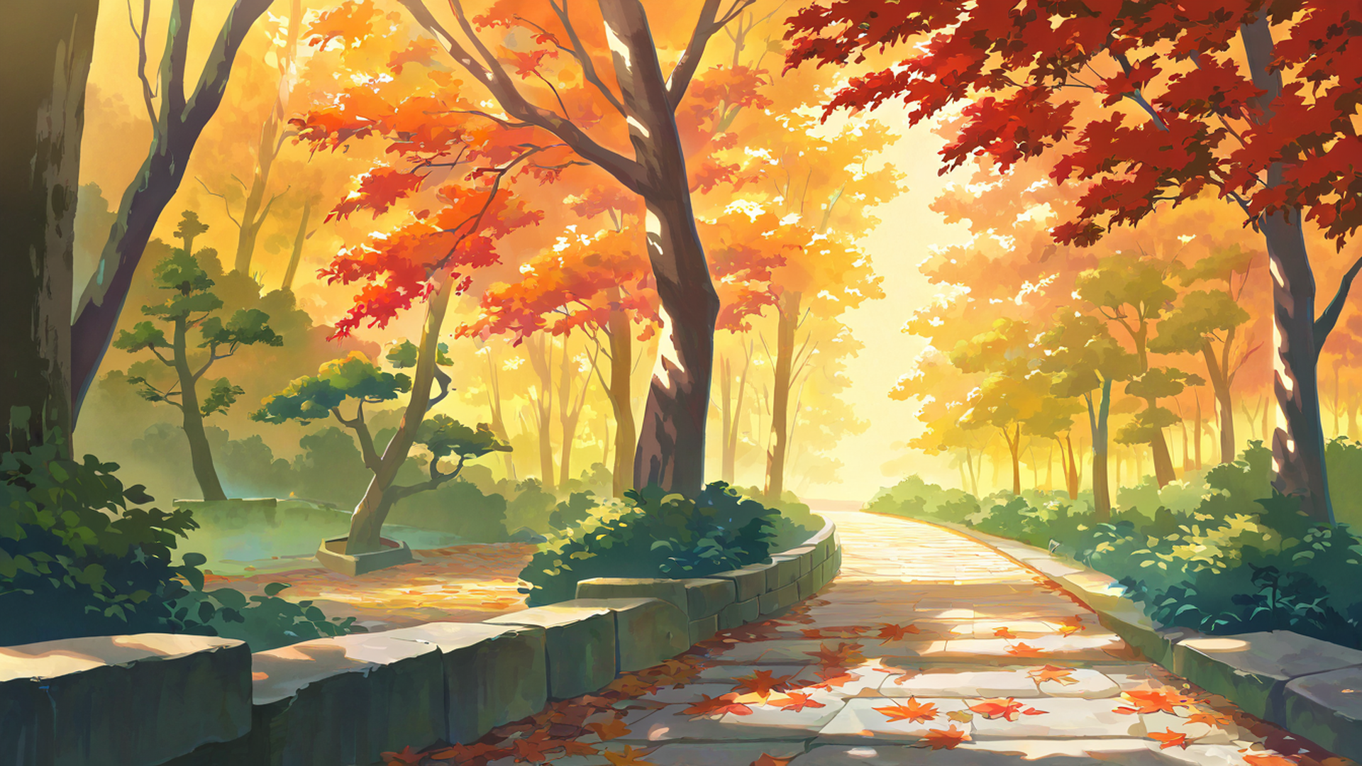autumn maple village lofi wallpaper