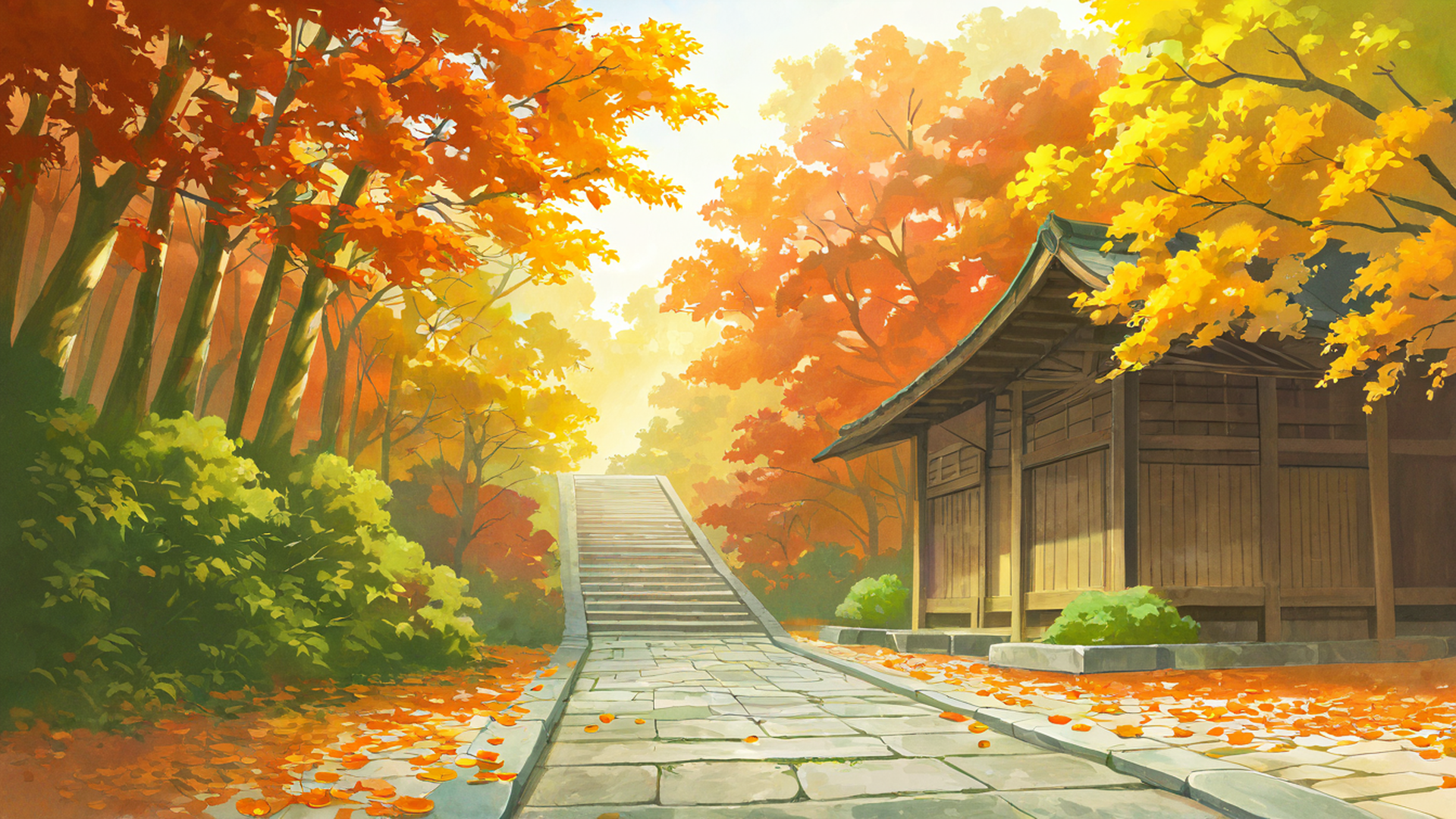 autumn maple village lofi wallpaper
