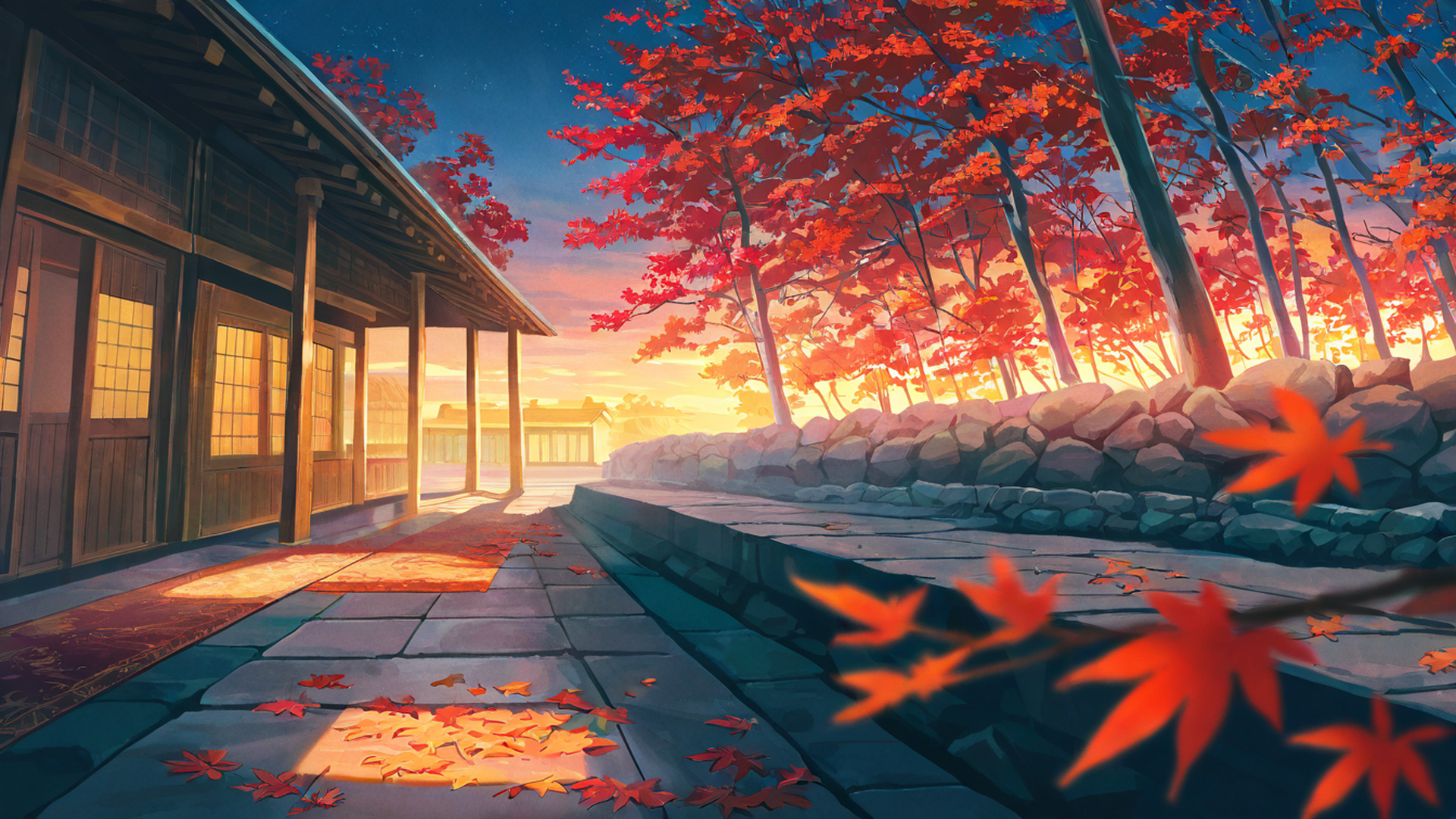 autumn maple village lofi wallpaper