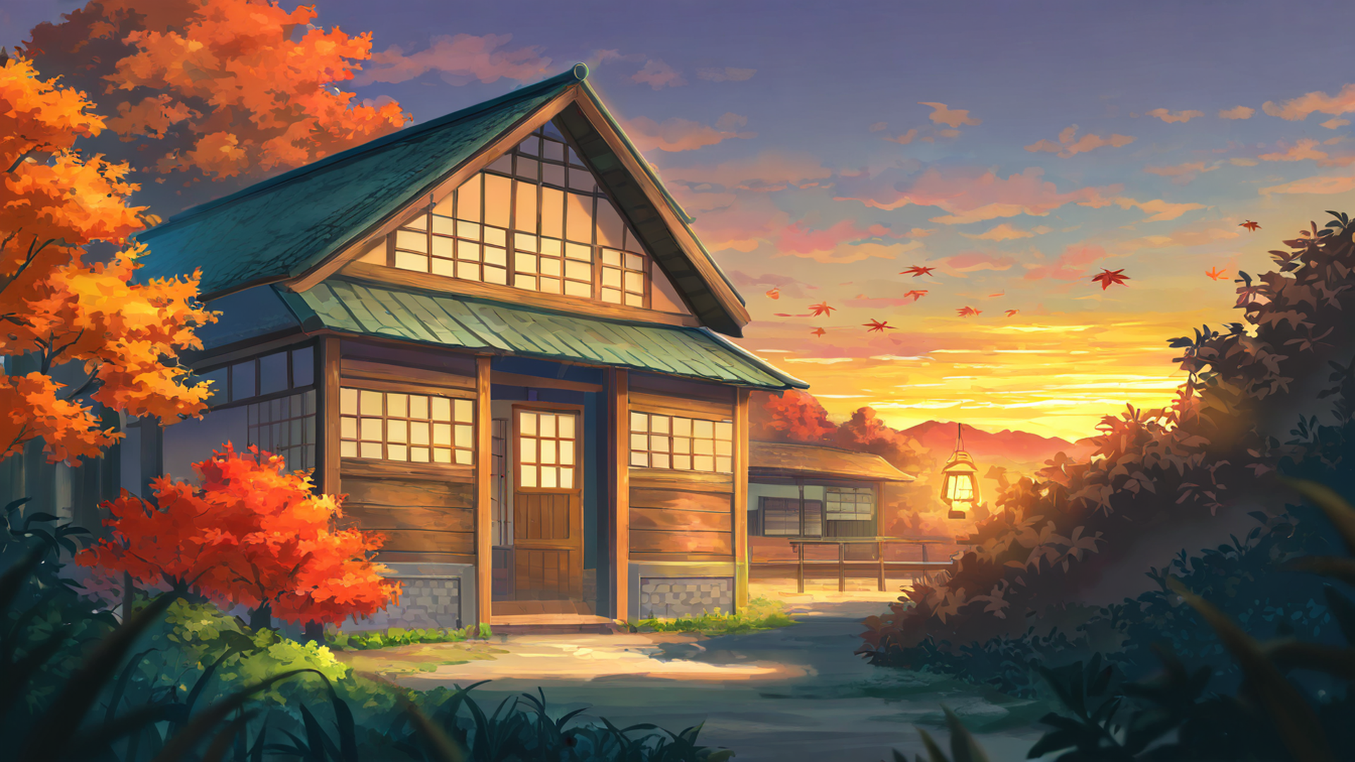 autumn maple village lofi wallpaper