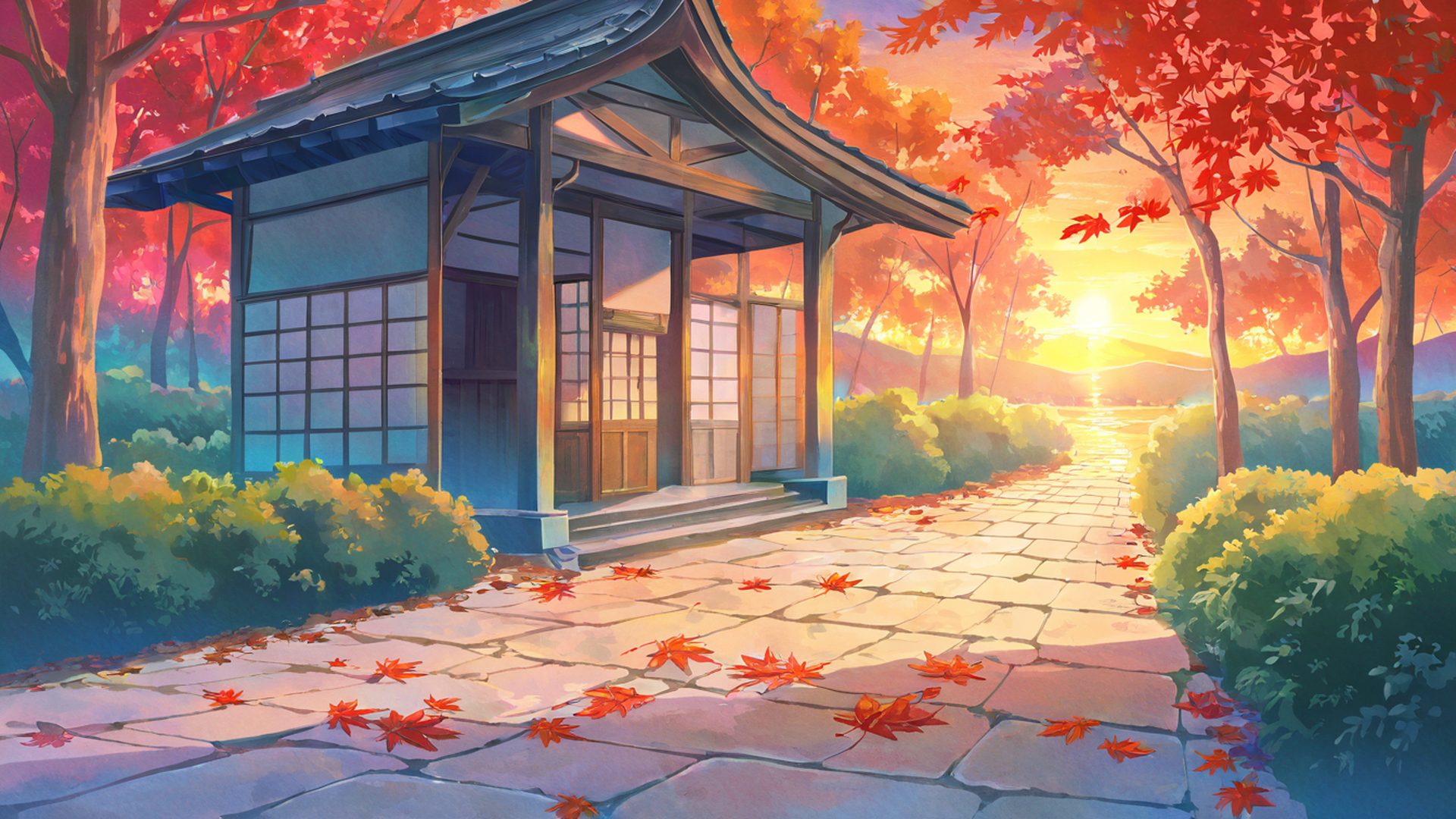 autumn maple village lofi wallpaper
