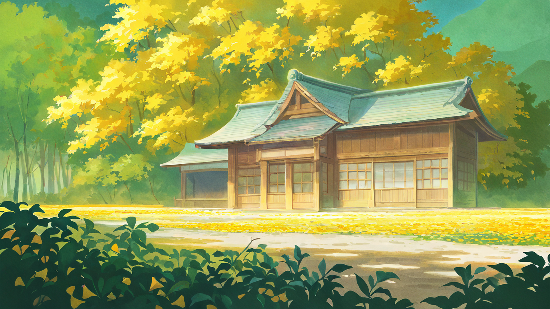 autumn maple village lofi wallpaper