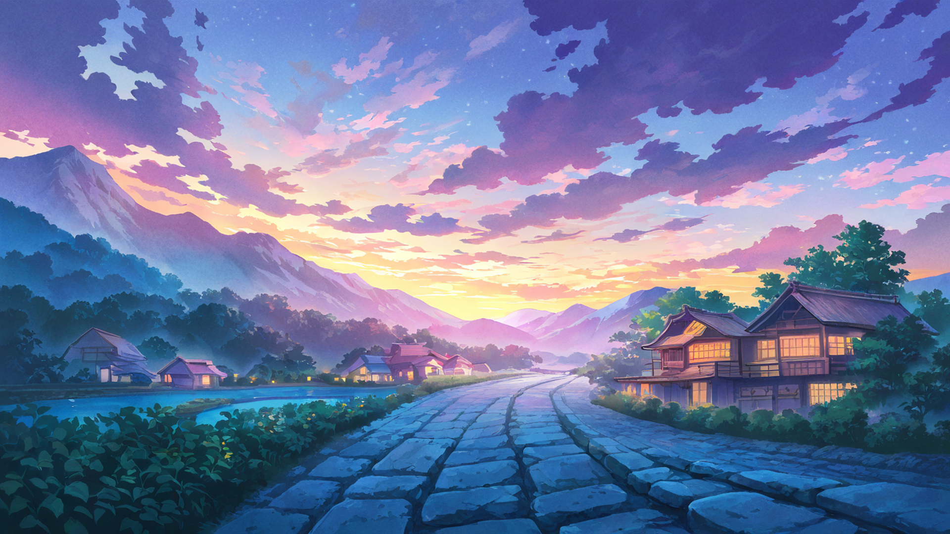 autumn maple village lofi wallpaper