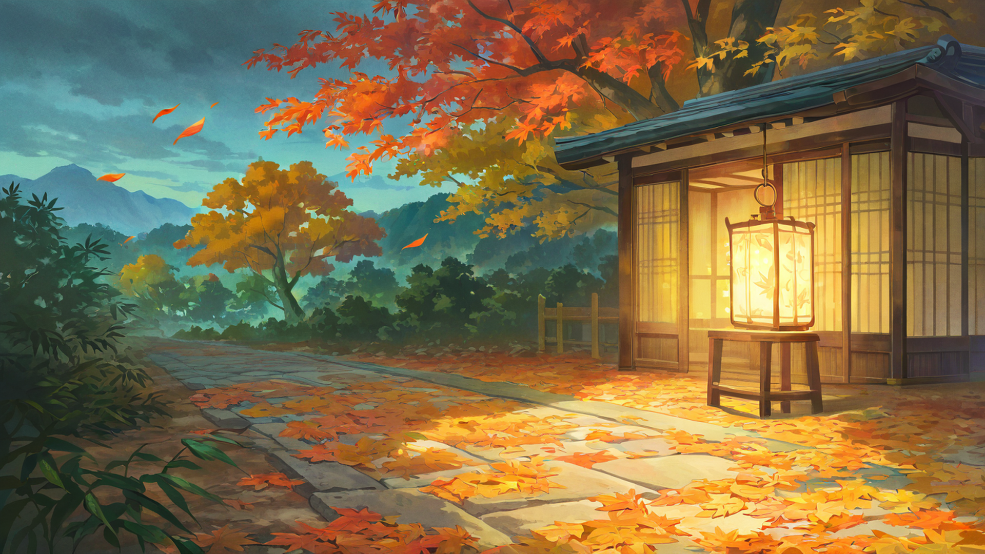 autumn maple village lofi wallpaper