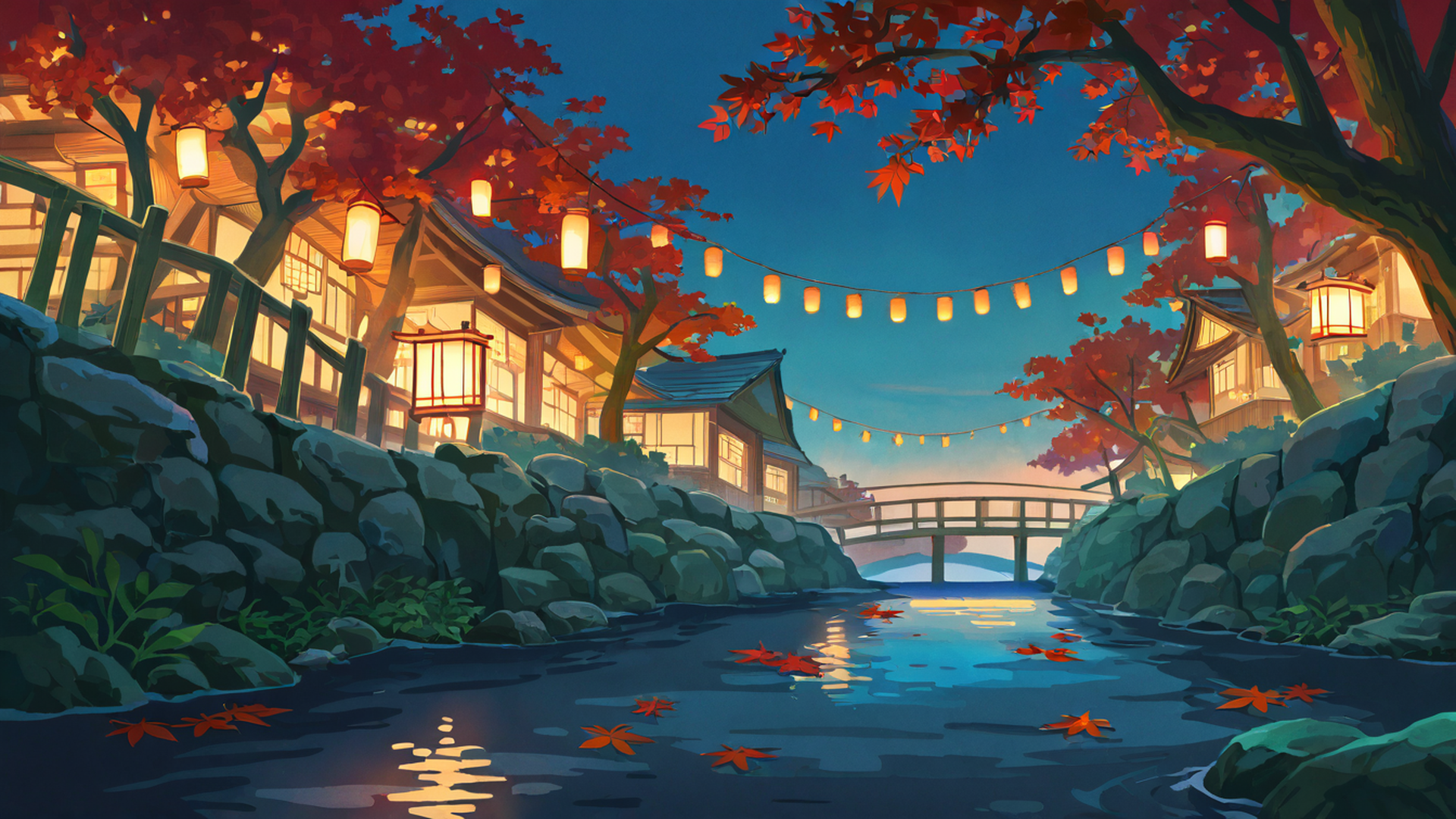 autumn maple village lofi wallpaper