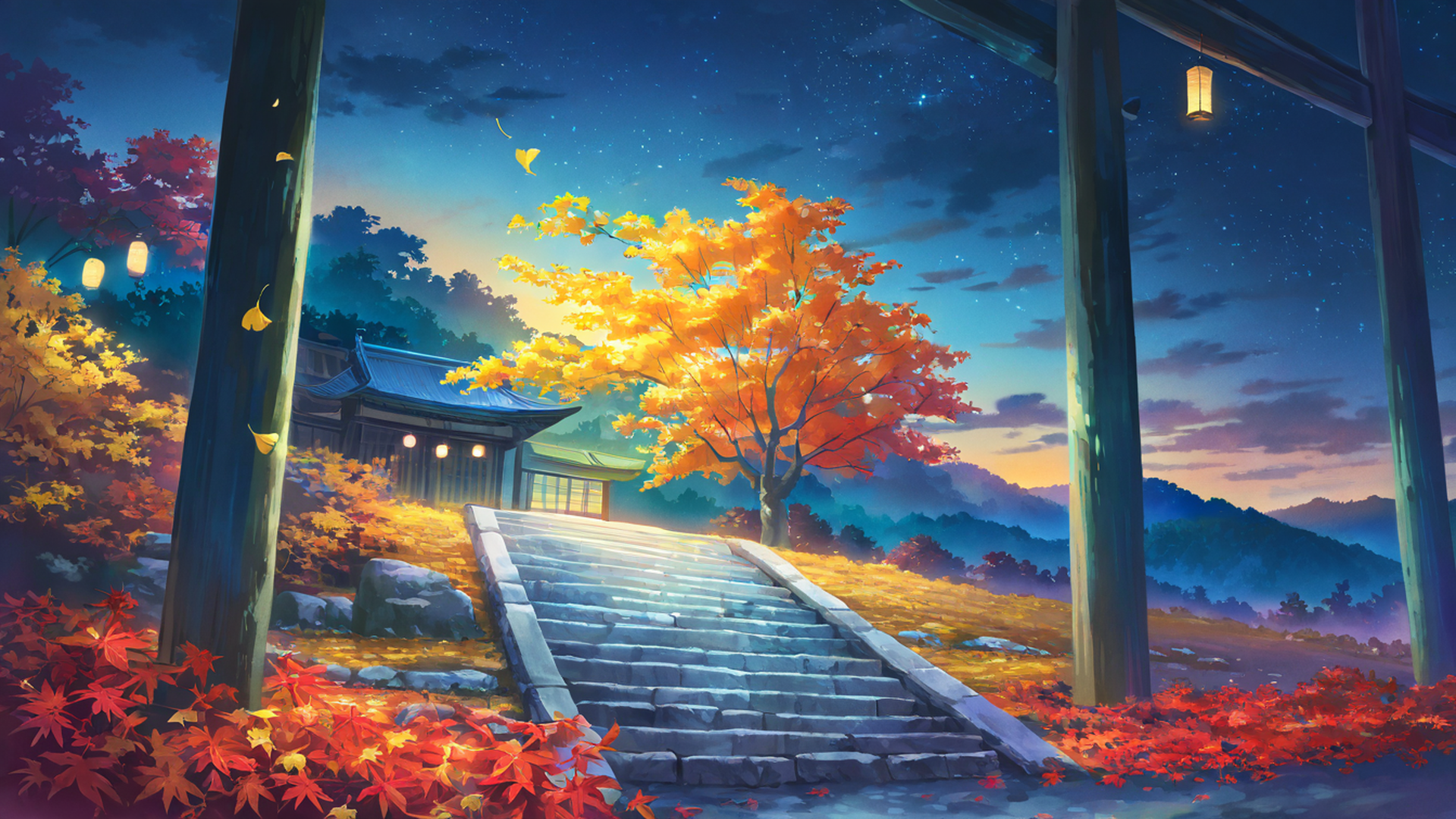 autumn maple village lofi wallpaper