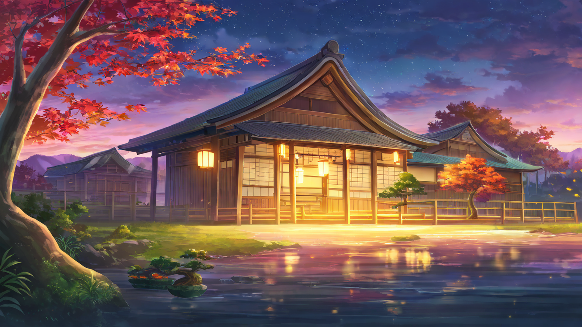 autumn maple village lofi wallpaper