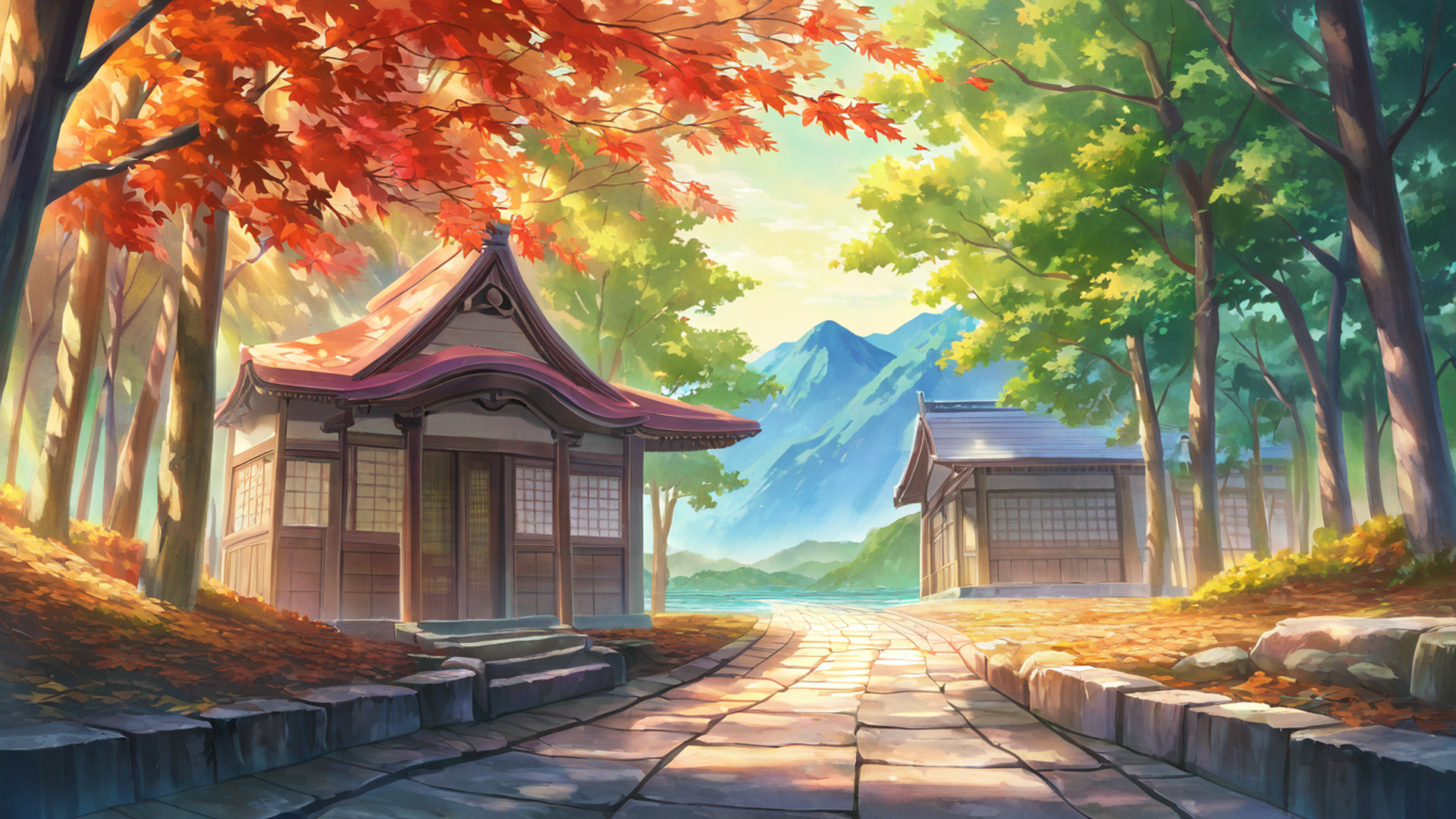 autumn maple village lofi wallpaper