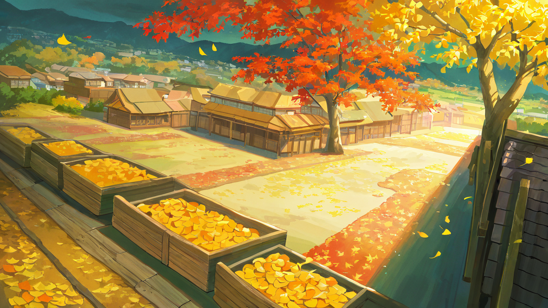 autumn maple village lofi wallpaper