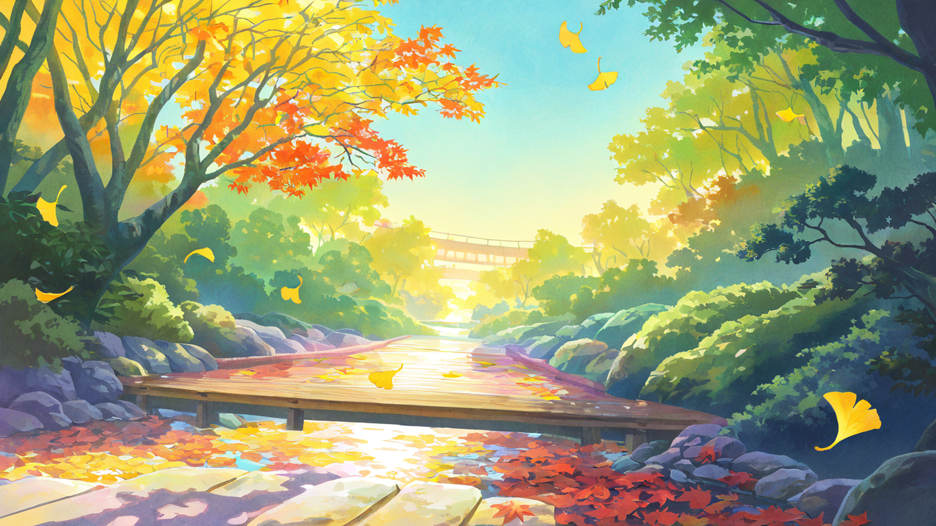 autumn maple village lofi wallpaper