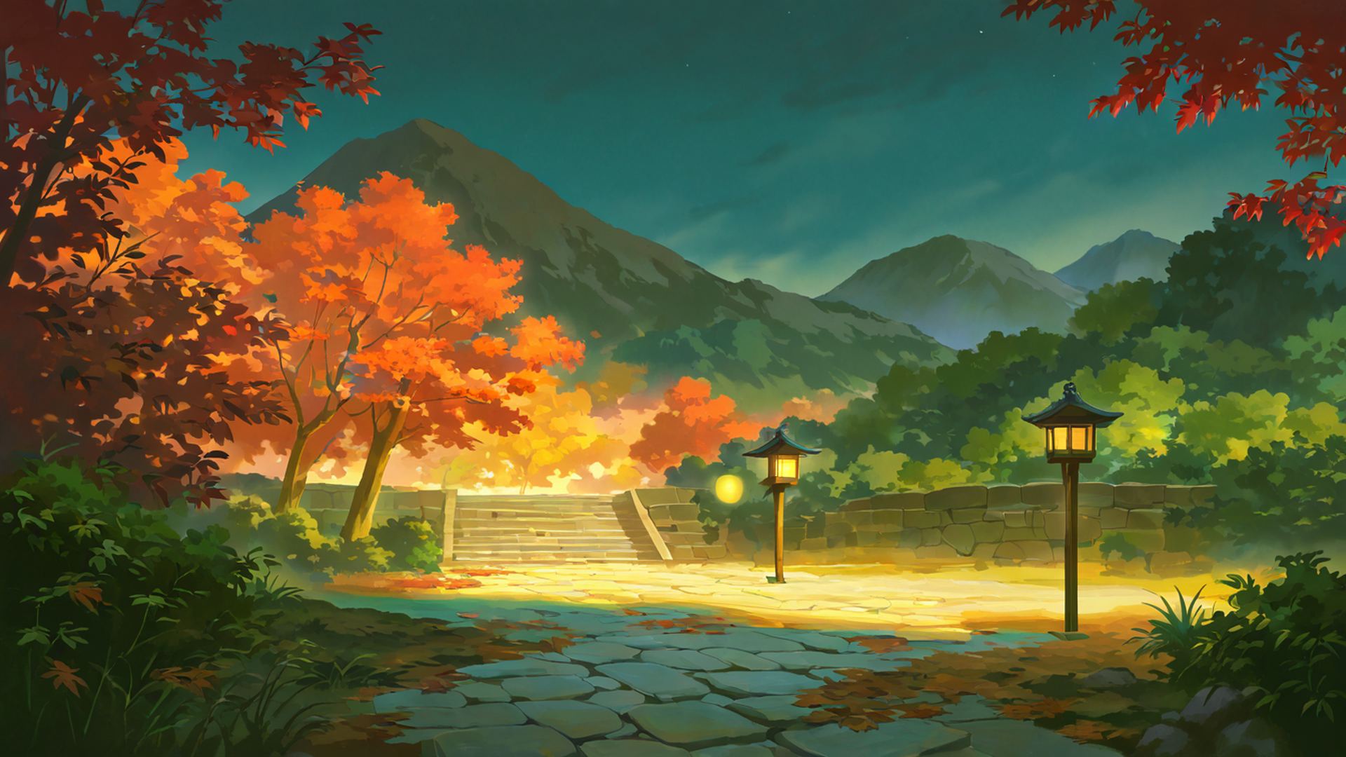 autumn maple village lofi wallpaper