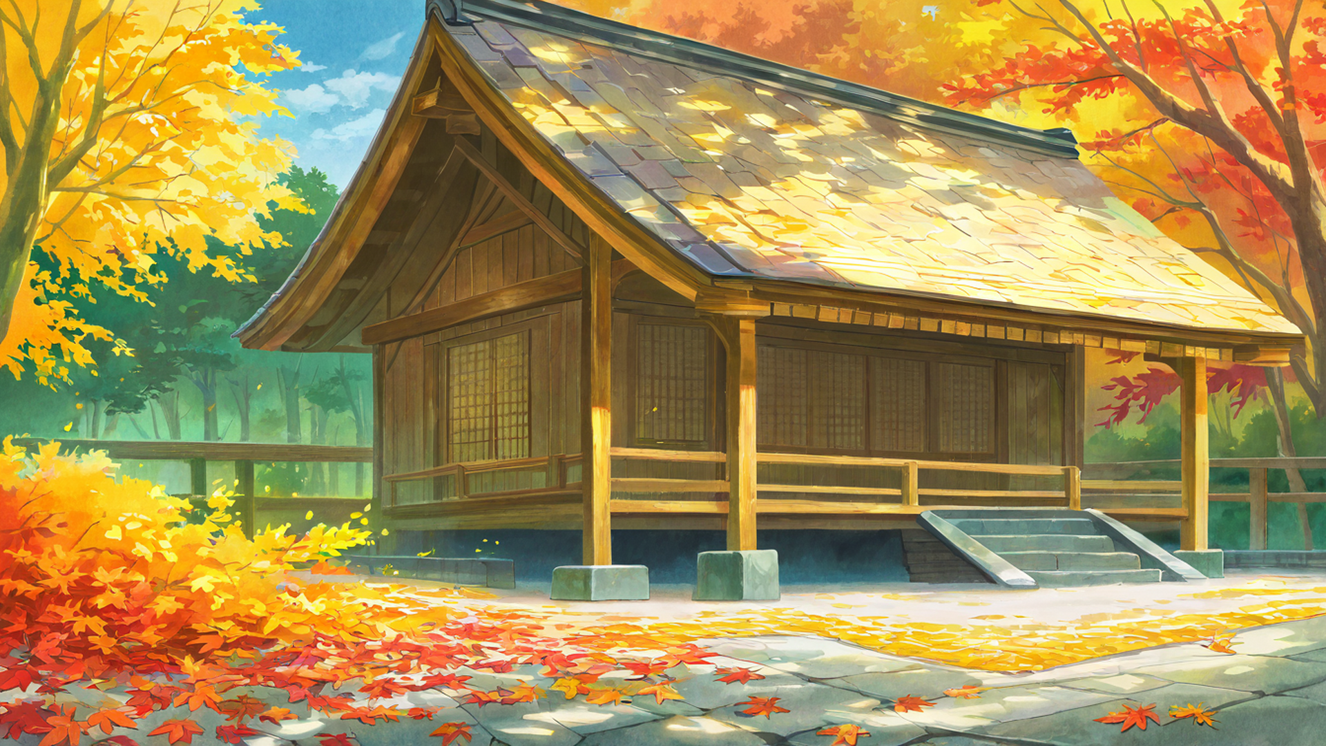 autumn maple village lofi wallpaper