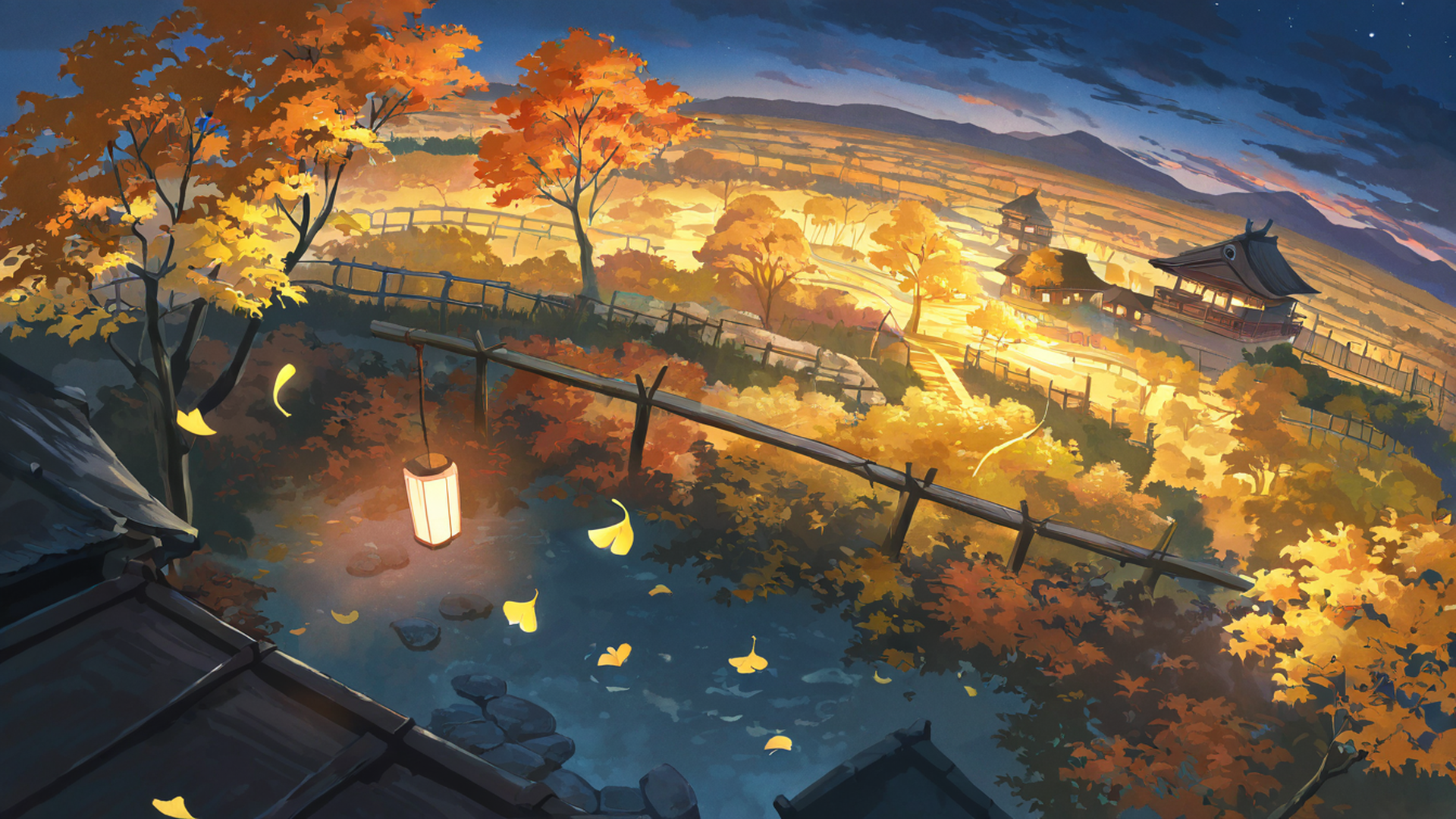autumn maple village lofi wallpaper