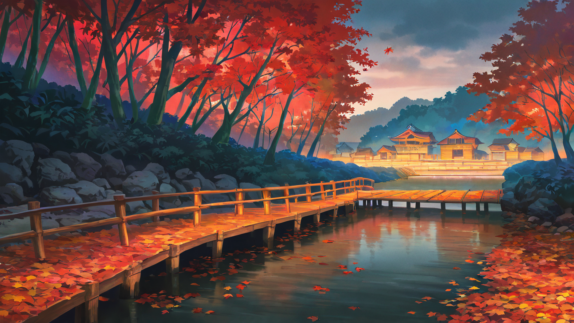 autumn maple village lofi wallpaper