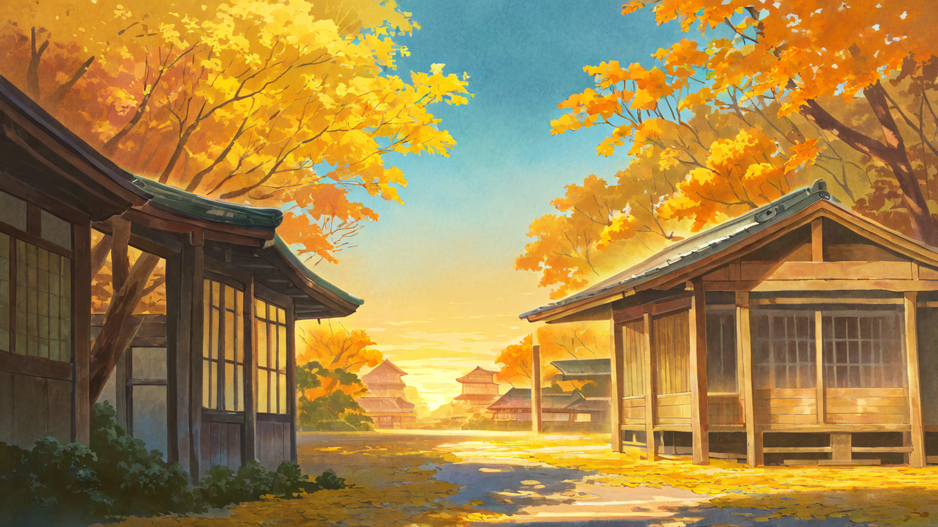 autumn maple village lofi wallpaper