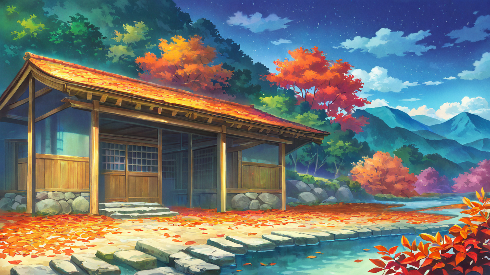 autumn maple village lofi wallpaper