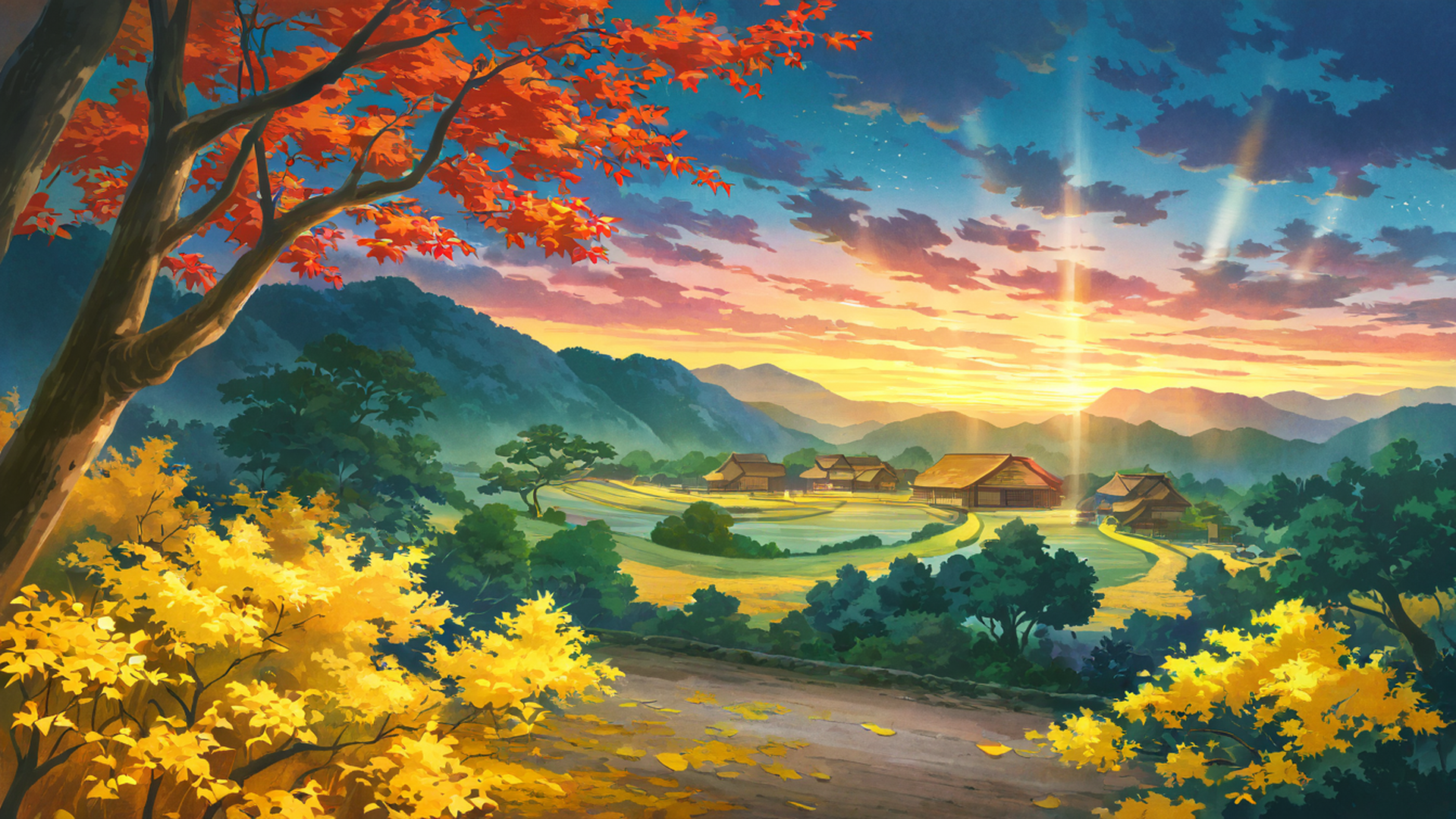 autumn maple village lofi wallpaper