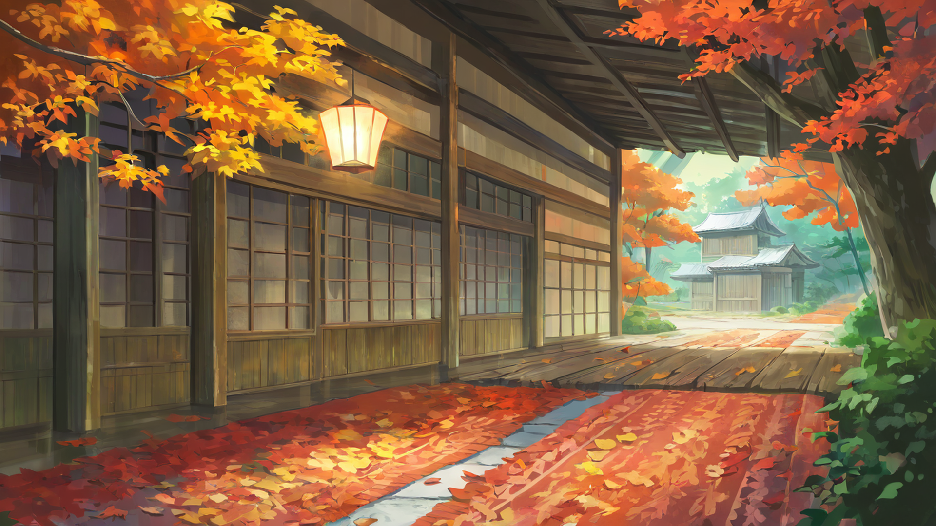 autumn maple village lofi wallpaper
