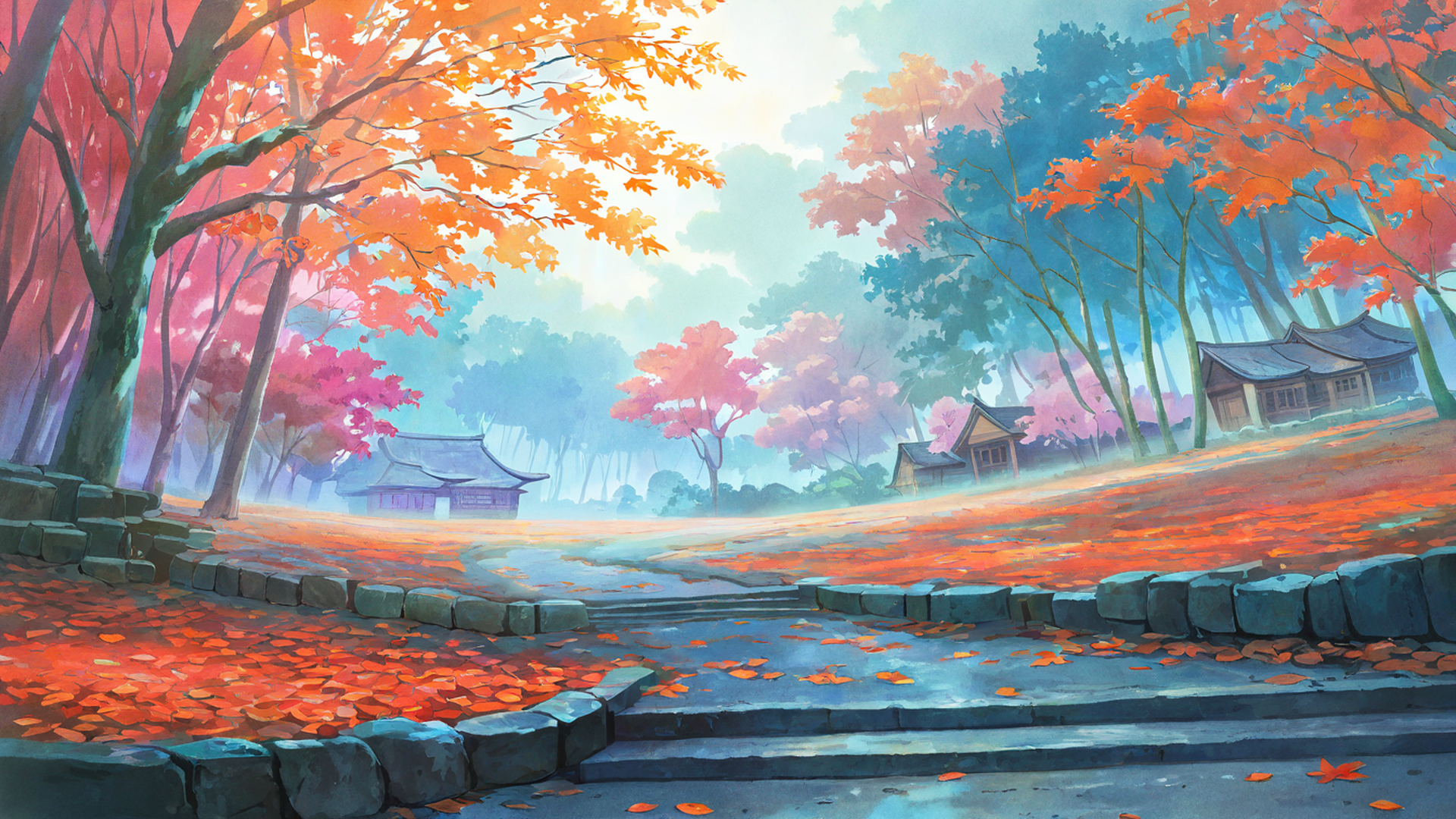 autumn maple village lofi wallpaper