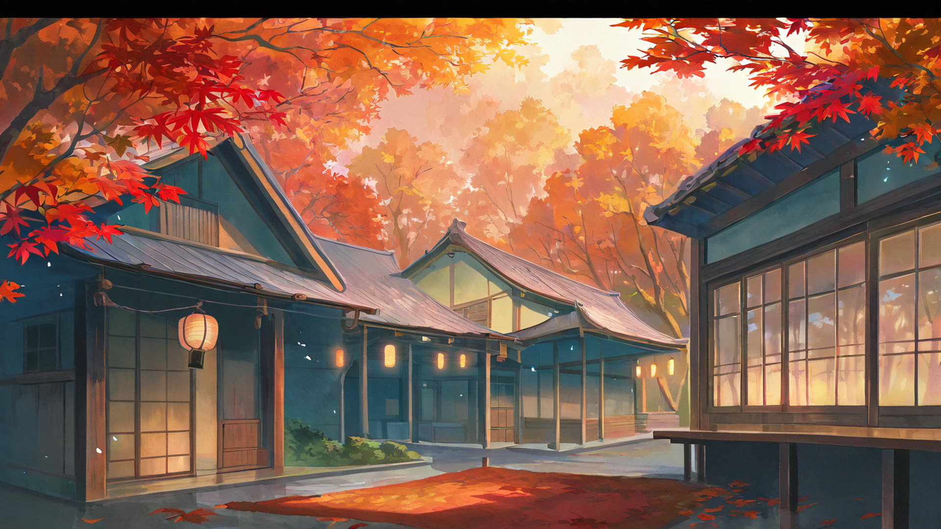 autumn maple village lofi wallpaper