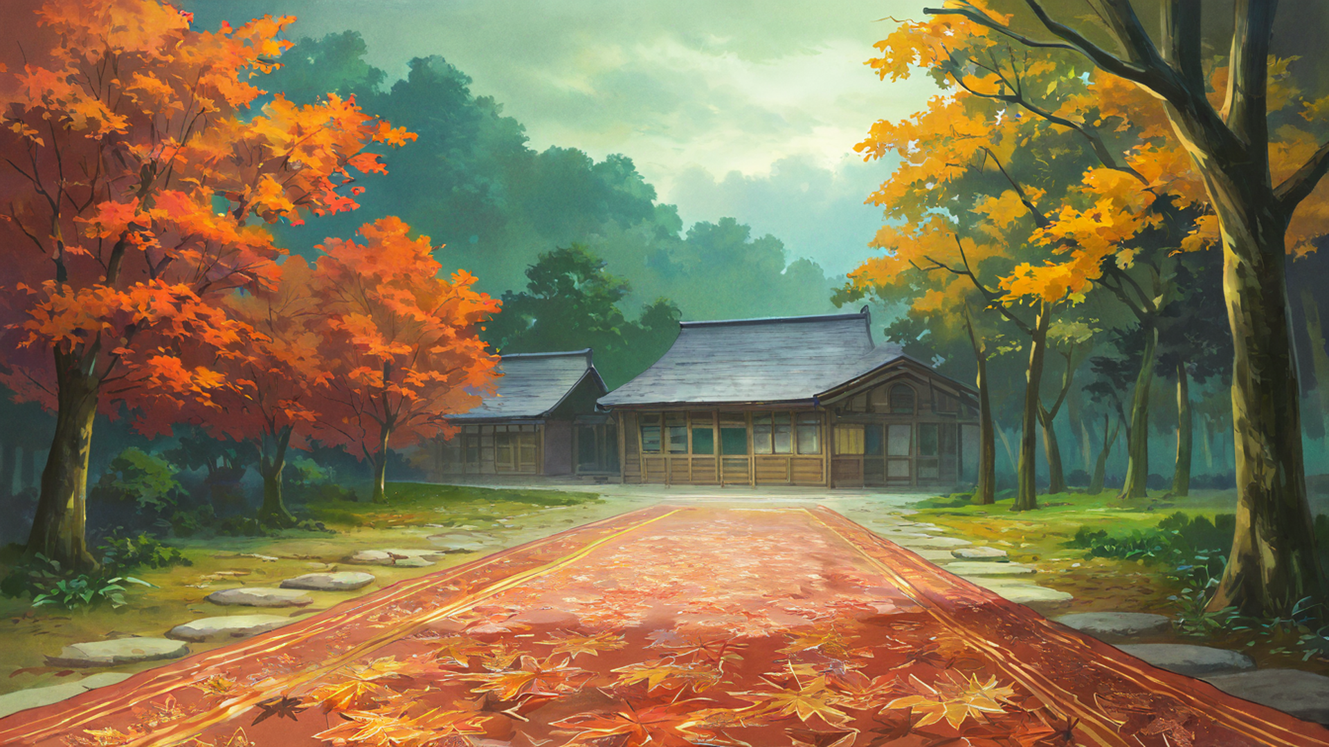 autumn maple village lofi wallpaper