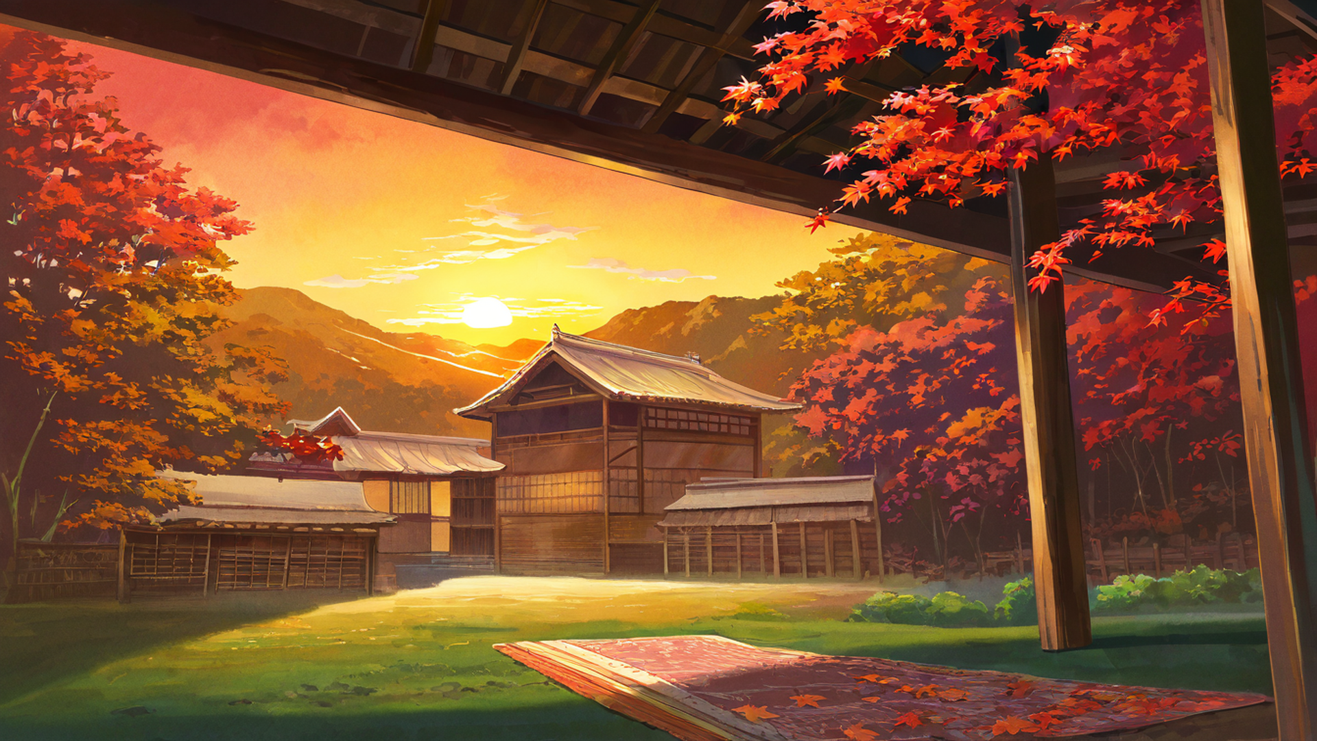 autumn maple village lofi wallpaper